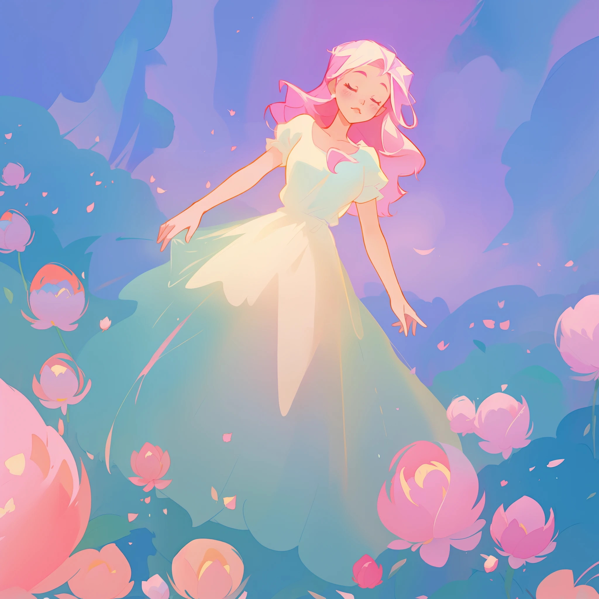 beautiful girl in puffy white ballgown, a field with puffball pink flowers, otherworldly flowers, whimsical landscape, long pink flowing hair, watercolor illustration, inspired by Glen Keane, inspired by Lois van Baarle, disney art style, by Lois van Baarle, by Glen Keane, jen bartel, digital painting, beautiful digital illustration, fantasia otherworldly landscape plants flowers, beautiful, masterpiece, best quality, anime disney style