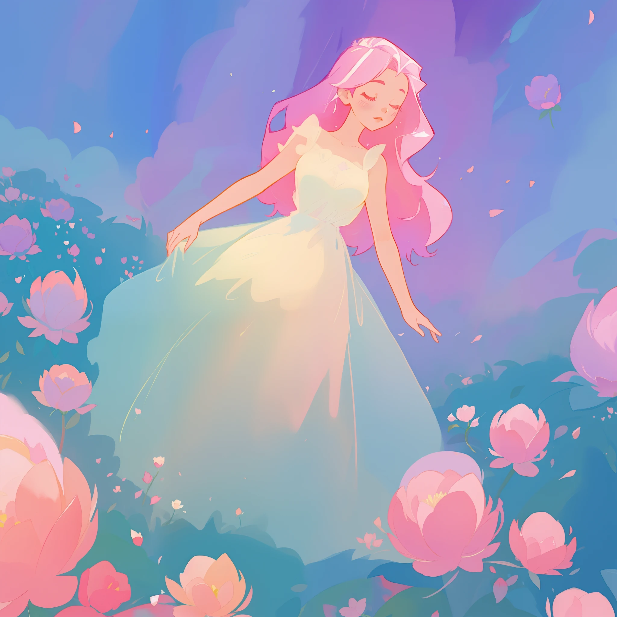 beautiful girl in puffy white ballgown, a field with puffball pink flowers, otherworldly flowers, whimsical landscape, long pink flowing hair, watercolor illustration, inspired by Glen Keane, inspired by Lois van Baarle, disney art style, by Lois van Baarle, by Glen Keane, jen bartel, digital painting, beautiful digital illustration, fantasia otherworldly landscape plants flowers, beautiful, masterpiece, best quality, anime disney style