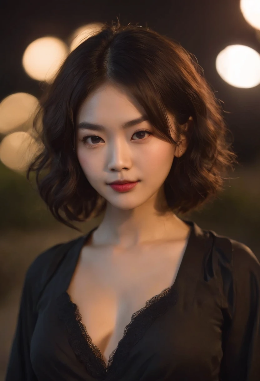 a teenage Japanese actress (hairstyle: wavy bob) who plays a villain, wearing a coquettish black costume and boots with an evil smile, standing outside, night.