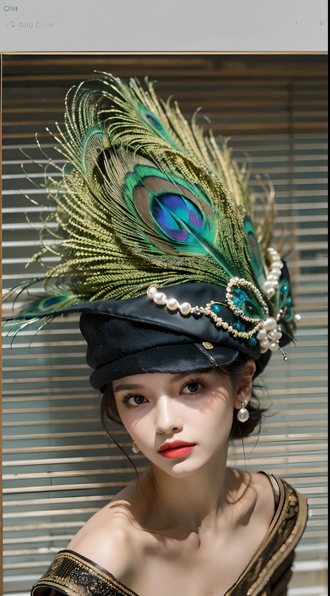 A luxurious hat,Fashionab,Stylish,(Luxuriously decorated with pearls and precious stones),Expensive,Exquisite,Vibrant colors,(Delicate peacock feather trim),Beautifully made,Fine materials,(elegant),ribbons,Refined,with intricate detail,(On models),(In the boutique),under a spotlight,With a retro vibe,Wide brim,(Velvet texture),Different sizes,With a bow,classic,(luxury brand),(Stunning tiara).(Best quality,4K,8K,A high resolution,Masterpiece:1.2),Ultra-detailed,(Realistic,Photorealistic,photo-realistic:1.37)