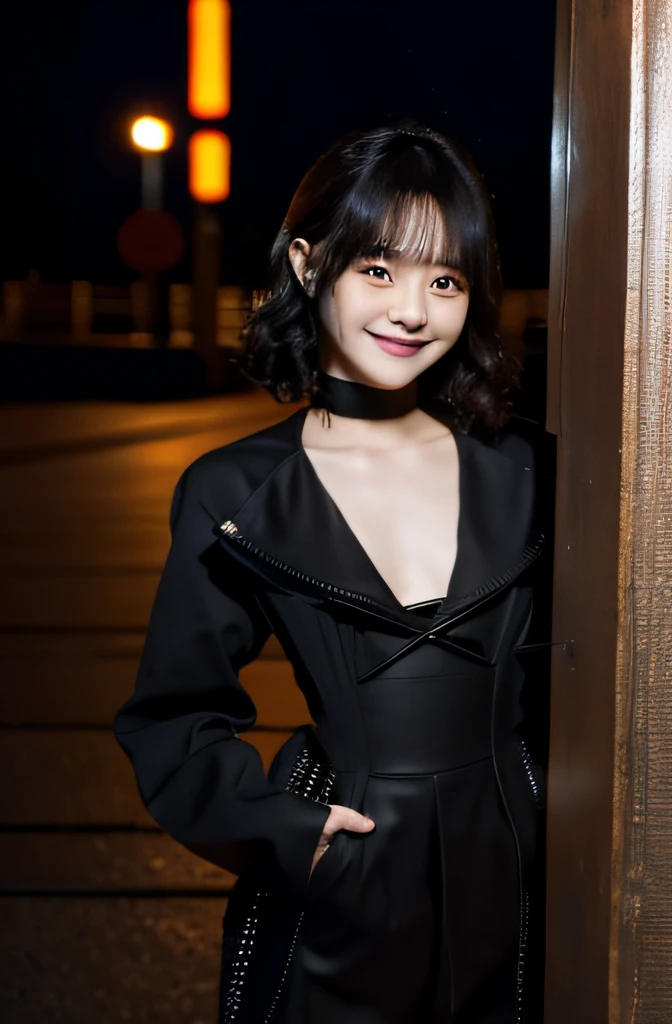 a teenage Japanese actress (hairstyle: wavy bob) who plays a villain, wearing a coquettish black costume and boots with an evil smile, standing outside, night.