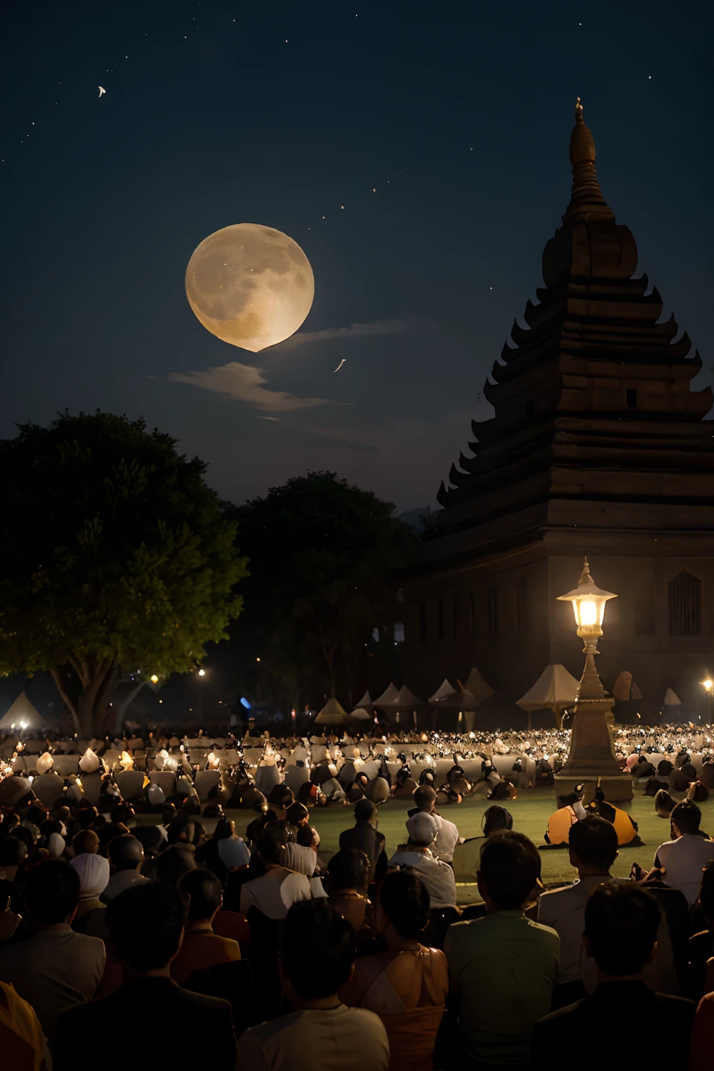 A lot of people who participate to the oil lamp festivals 🪔 in Bagan,Myanmar. The moon and stars are arising on the sky. There are cute dogs and cats in this festival.