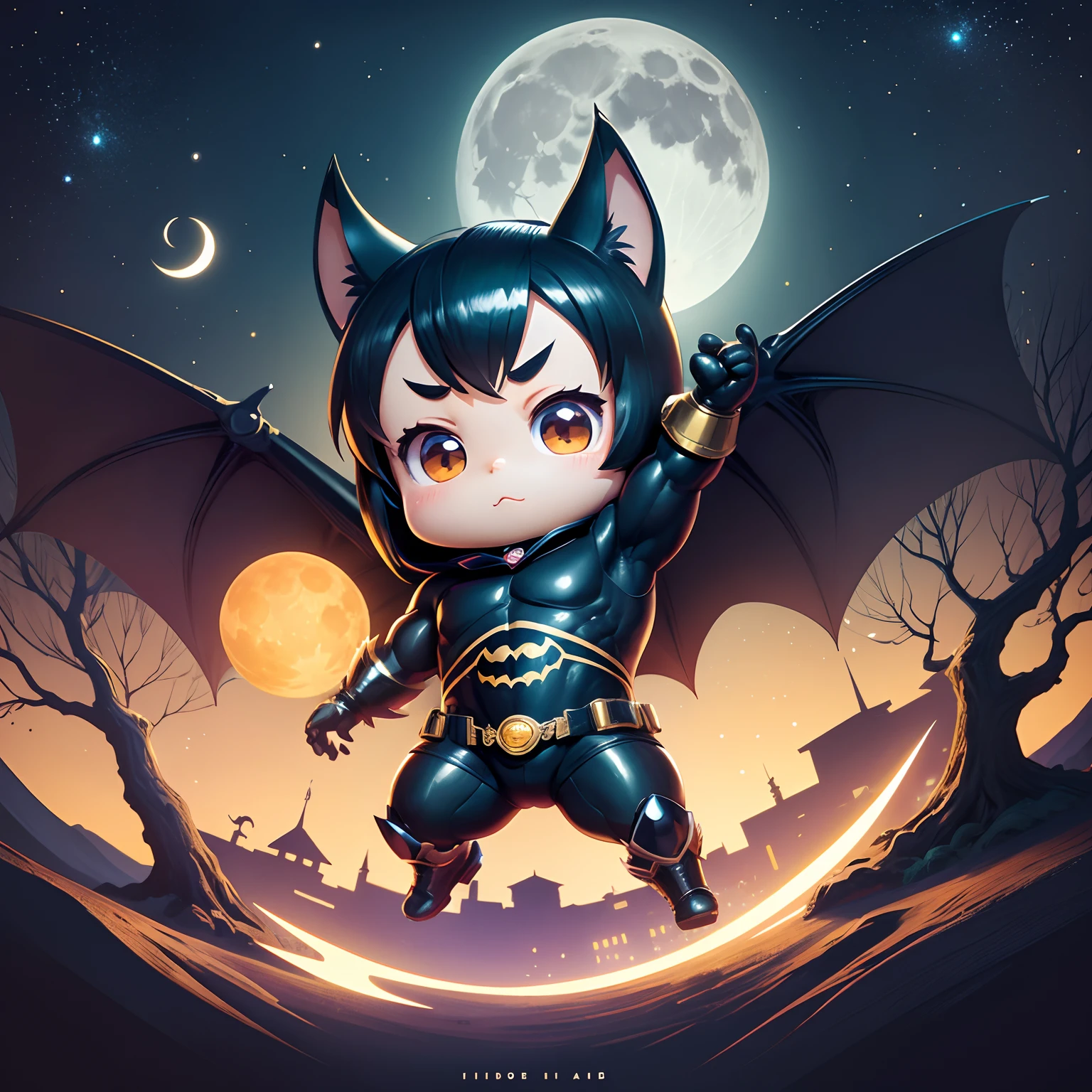 finest image, (chibi character, deformed, full body, big head:1.5, line art), bat man hanging from a branch, background big moon, iridescent golden particles