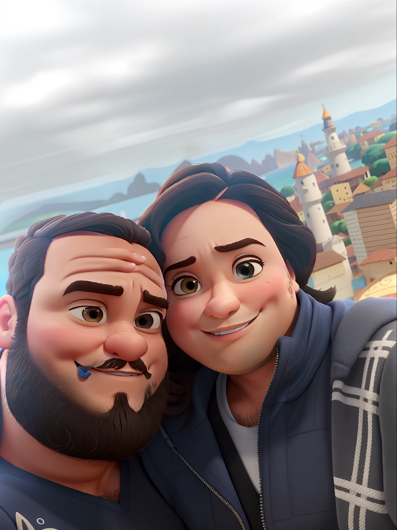 Um homem gordo e uma mulher gorda, estilo Disney Pixar, alta qualidade, melhor qualidade