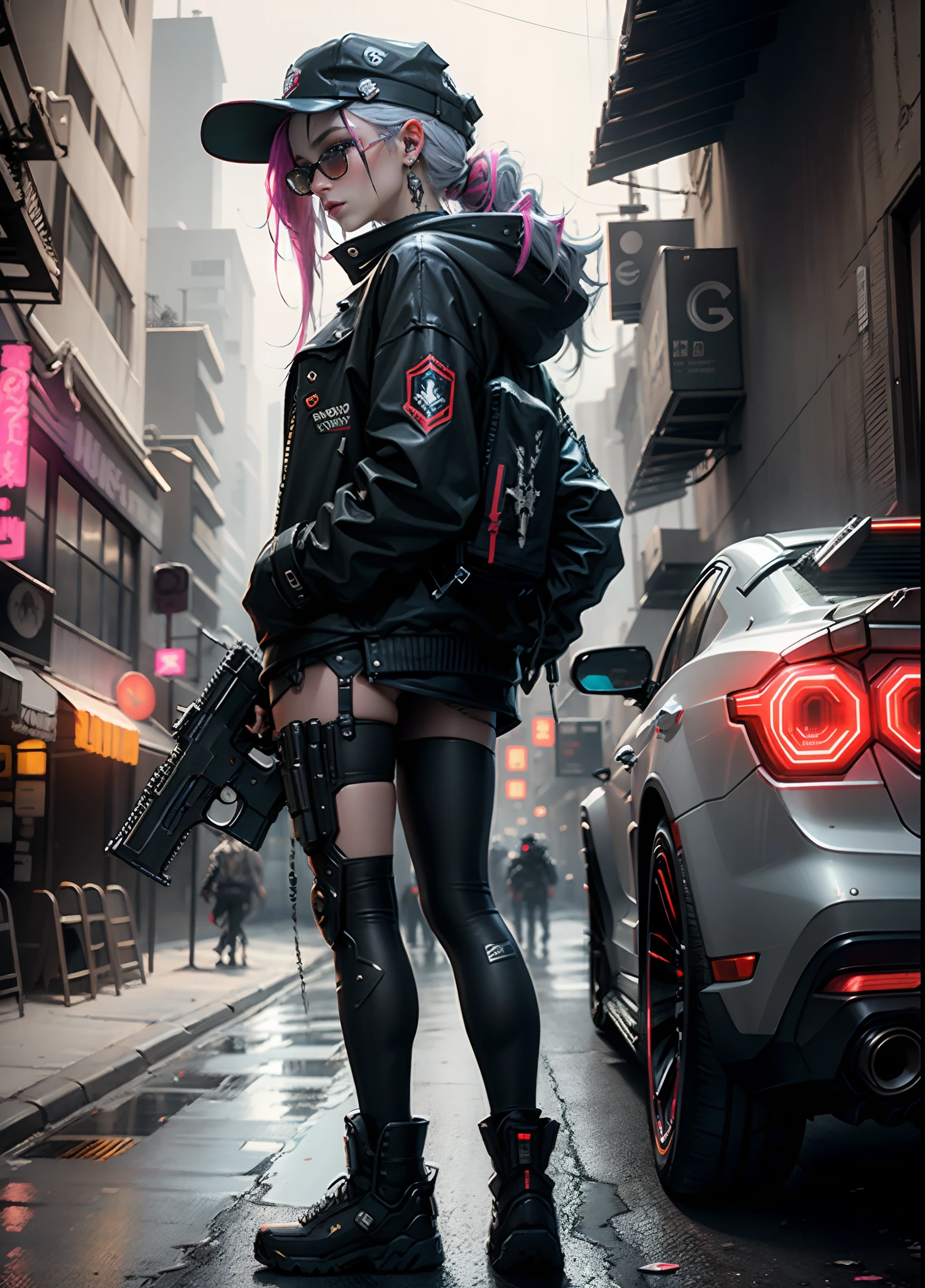 Beautiful Harley quiin medium hair, wearing cap, cyberpunk style long clothes. With shotgun in the hand.