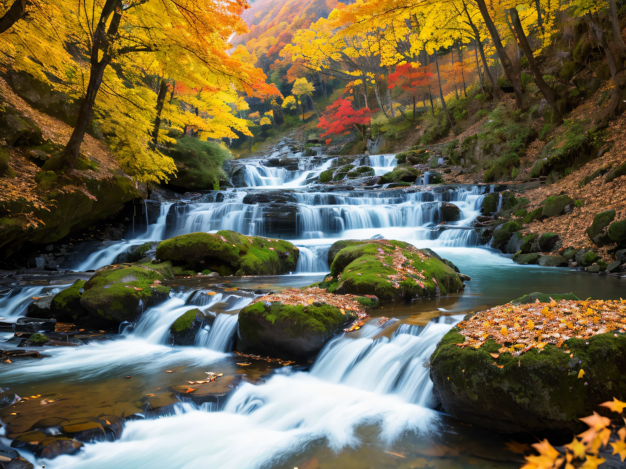 超A high resolution、An ultra-high picture quality、8K、Detailed details、marvelous expression、Late autumn valley、Beautiful autumn leaves、Violently flowing mountain stream、tiny waterfall、Girl looking backwards standing