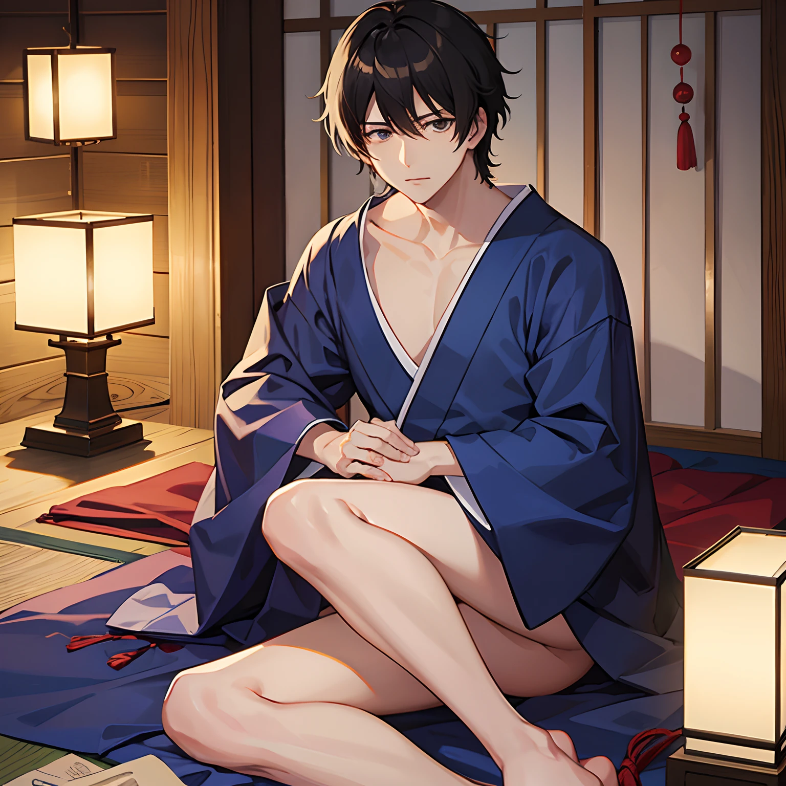 Jushiro Hijikata、Gintama、The sword、ＶCharacter bangs、Shinsengumi、animesque、A dark-haired、male anime characters、A dark-haired、traditional Japanese room、short-haired、Kimono、twinks、Man's、Enchanted feet、a bed、s ass、Naked、man、male people、Lie down、1 persons、Male、Male genitalia、Boys Love、Shy face