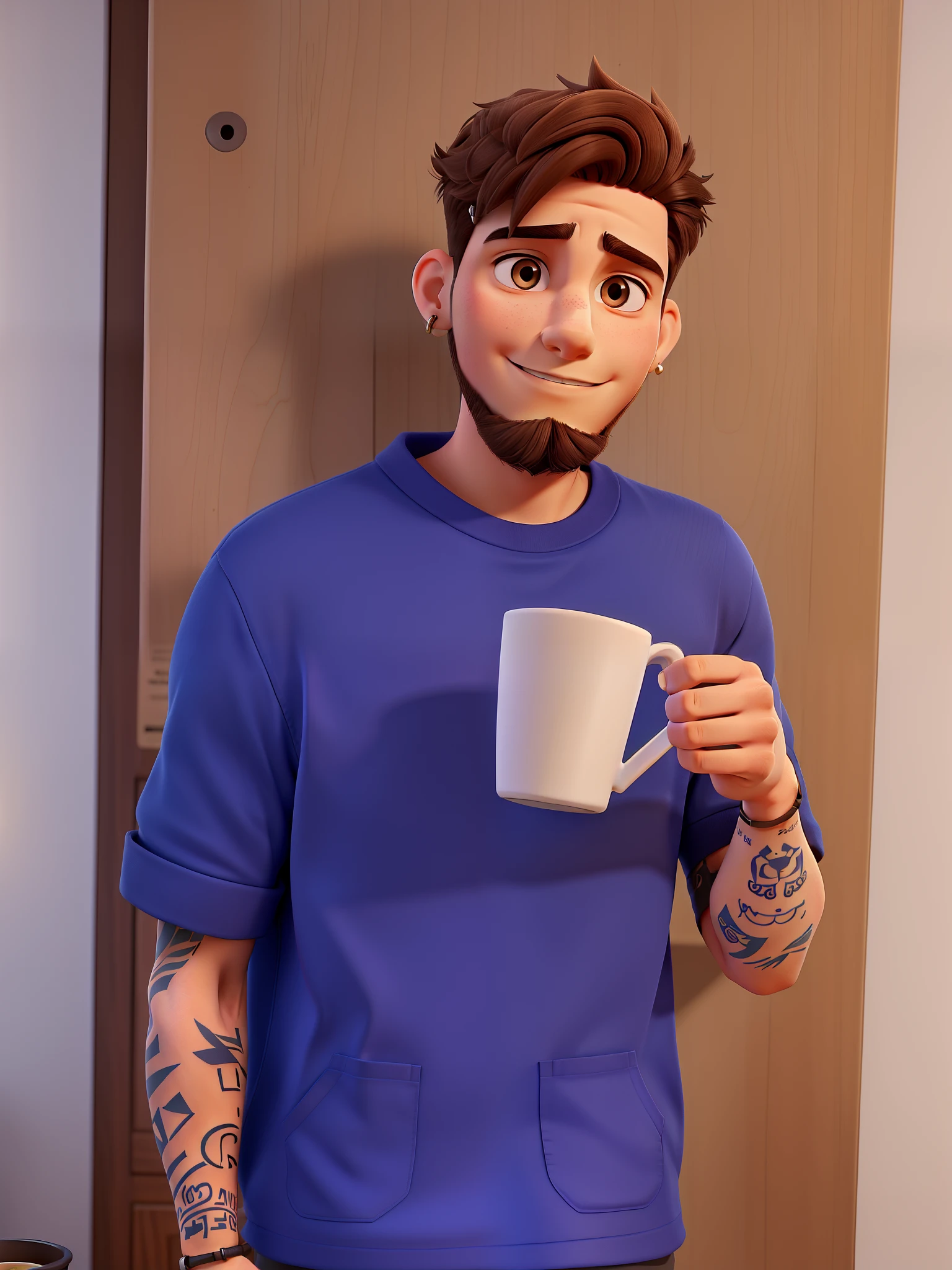 A young man, a rheumatologist, with short light brown hair in a modern cut and a light short beard. He wears earrings and has tattoos on both arms. He holds a cup of coffee.