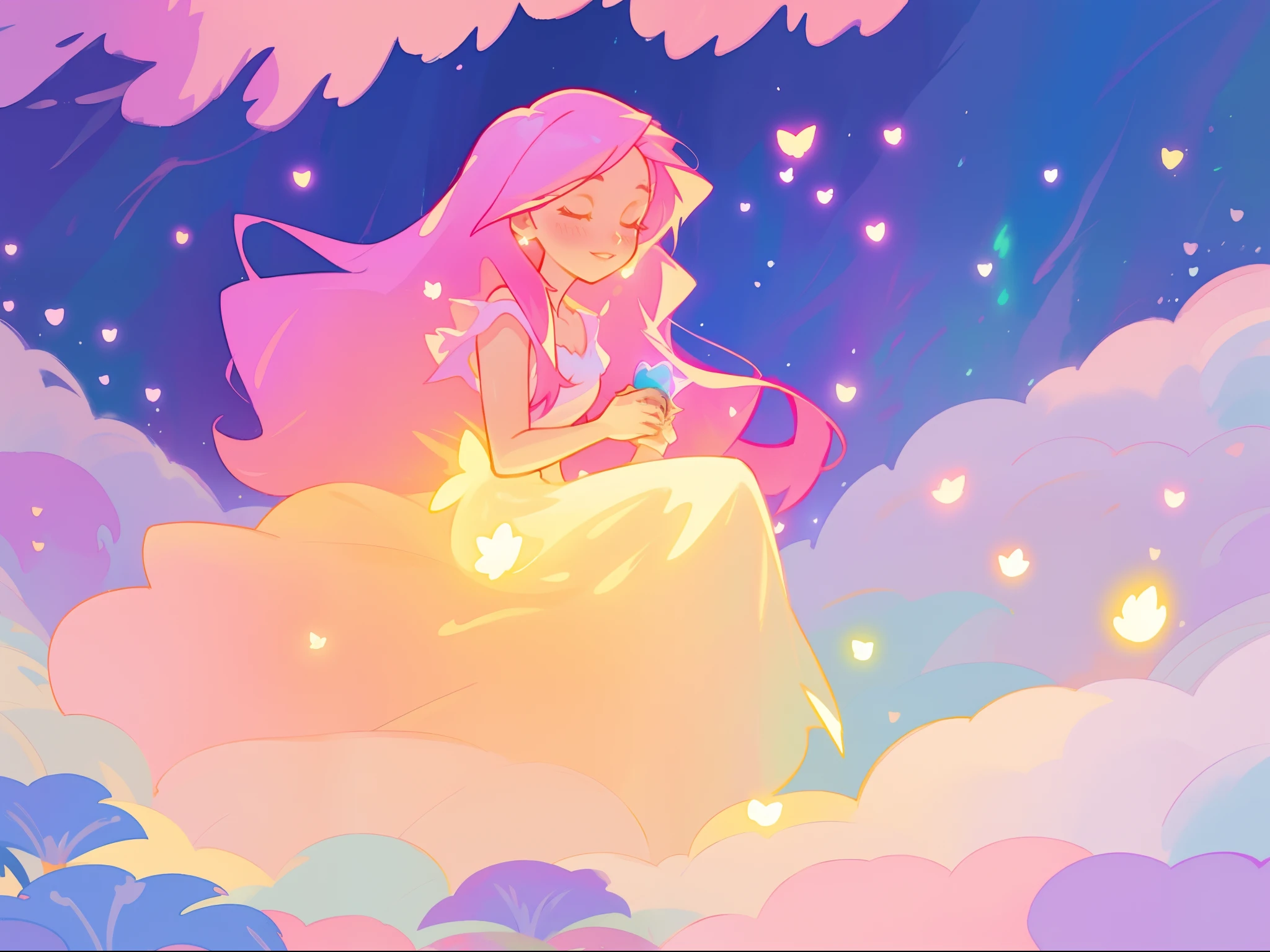 beautiful girl in gradient colorful dress, yellow pink purple fairy dress, beautiful girl sitting in a field with pink red flowers, puffy pink flowers, glowing lights, whimsical landscape, long dark blue flowing hair, watercolor illustration, inspired by Glen Keane, inspired by Lois van Baarle, disney art style, by Lois van Baarle, glowing aura around her, by Glen Keane, jen bartel, glowing lights! digital painting, flowing glowing hair, glowing flowing hair, beautiful digital illustration, fantasia otherworldly landscape plants flowers, beautiful, masterpiece, best quality, anime disney style