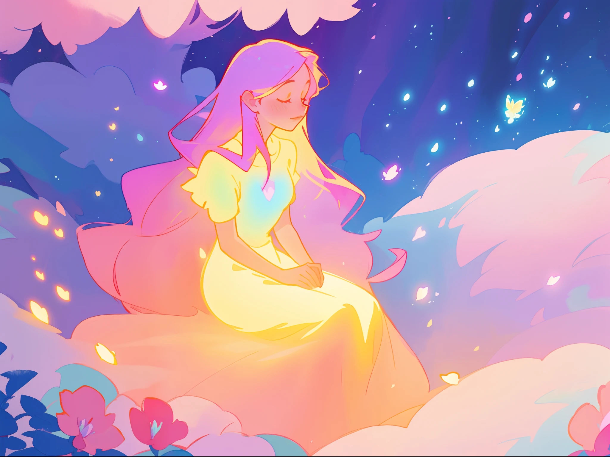 beautiful girl in gradient colorful dress, yellow pink purple fairy dress, beautiful girl sitting in a field with pink red flowers, puffy pink flowers, glowing lights, whimsical landscape, long dark blue flowing hair, watercolor illustration, inspired by Glen Keane, inspired by Lois van Baarle, disney art style, by Lois van Baarle, glowing aura around her, by Glen Keane, jen bartel, glowing lights! digital painting, flowing glowing hair, glowing flowing hair, beautiful digital illustration, fantasia otherworldly landscape plants flowers, beautiful, masterpiece, best quality, anime disney style