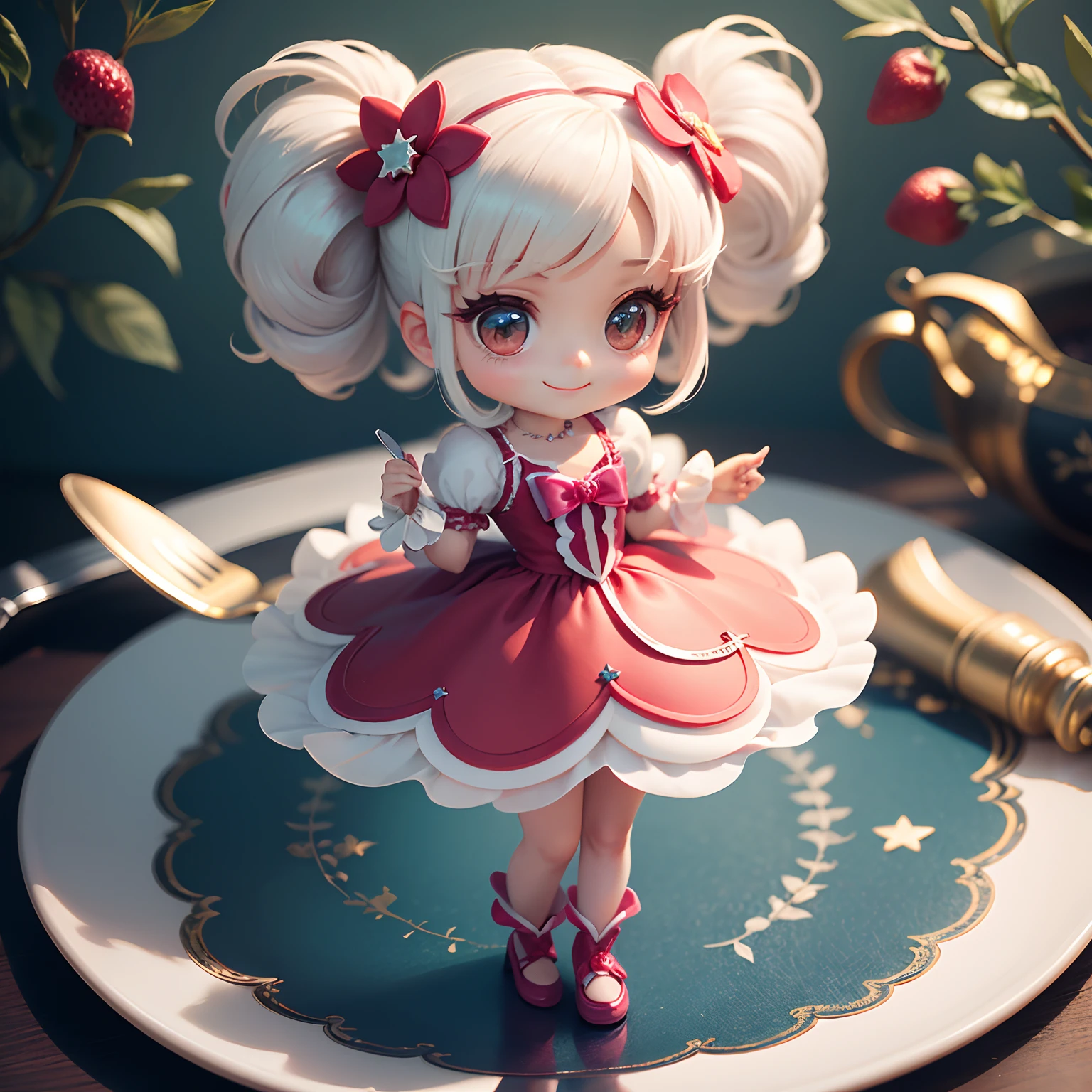 ​masterpiece、top-quality、ultra-detailliert、(Chibi Chara　Precure:1.2)、White-haired、Hair ornament with strawberry motif、Pretty Cure Cosplay、Long cutlery with a gorgeous star-shaped motif、Standing、A smile、The background is Monet's flower art wallpaper