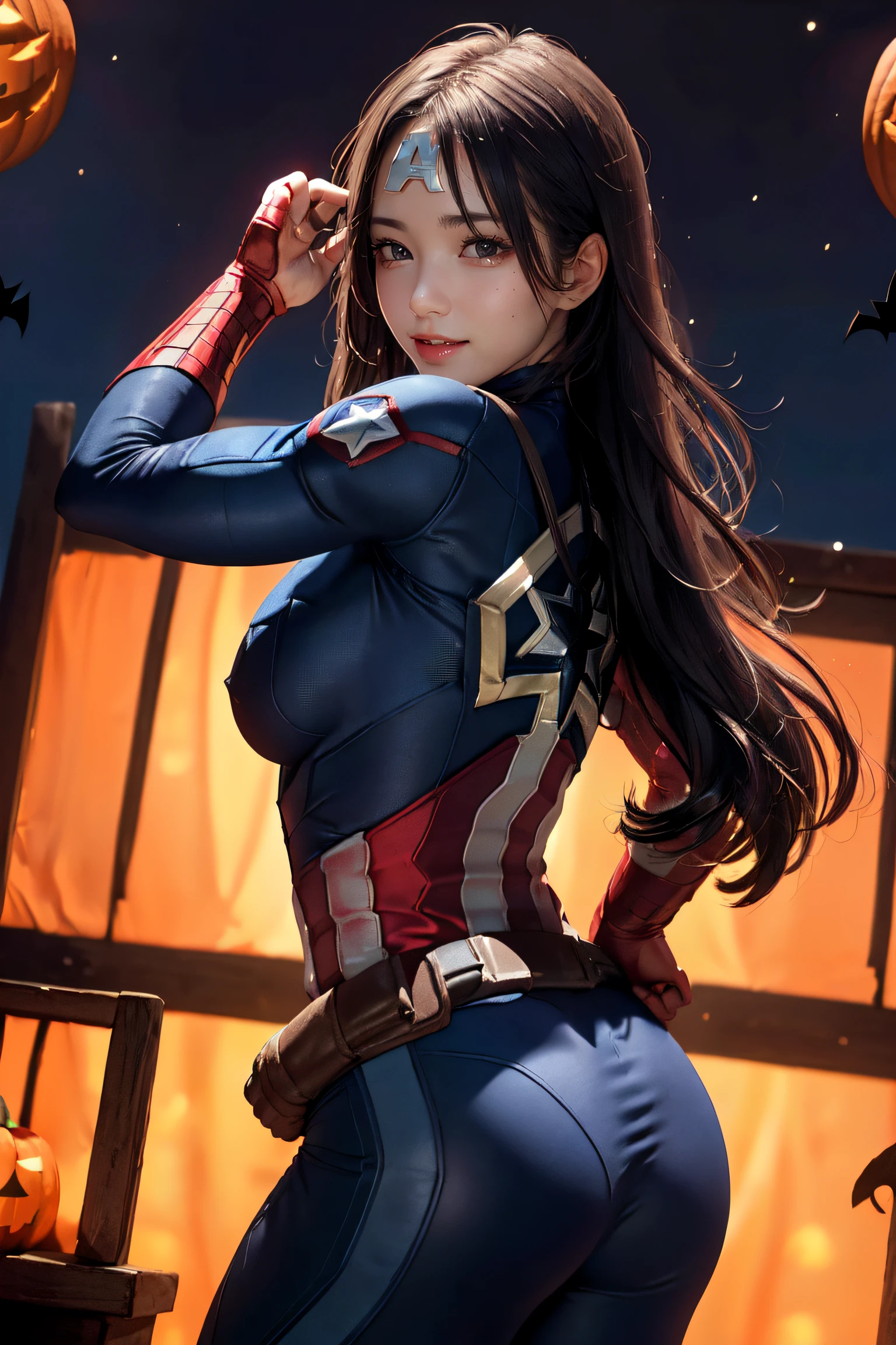 masterpiece, top-quality, top-quality, Beautifully Aesthetic:1.2, 1girl, Halloween night,
((Wearing a high-quality Blue Captain America suit:1.2)), high detailed,
large breasts, firm breast, nicely shaped breasts, slender figure,
((Dark Brown Hair)), wavy hair, ((medium long hair:1.2)),
BREAK
(Posing on the Middle of Stage of Halloween contest:1.3),
((in front of station of decorated for Halloween in Shibuya at late night:1.3)), (Upper body shot:1.1), (back view:1.2), ((looking back at viewer:1.2)),