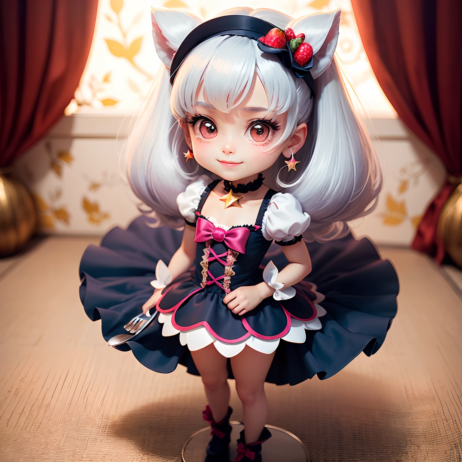 ​masterpiece、top-quality、ultra-detailliert、(Chibi Chara　Precure:1.2)、White-haired、Hair ornament with strawberry motif、Pretty Cure Cosplay、Long cutlery with a gorgeous star-shaped motif、Standing、A smile、The background is Monet's flower art wallpaper