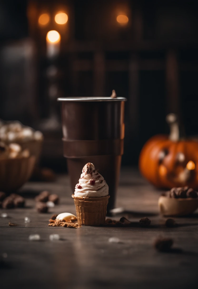 halloween cup of ice cream on the floor, horror, zombie coming out of the floor, high definition image, best image, (8k) high definition