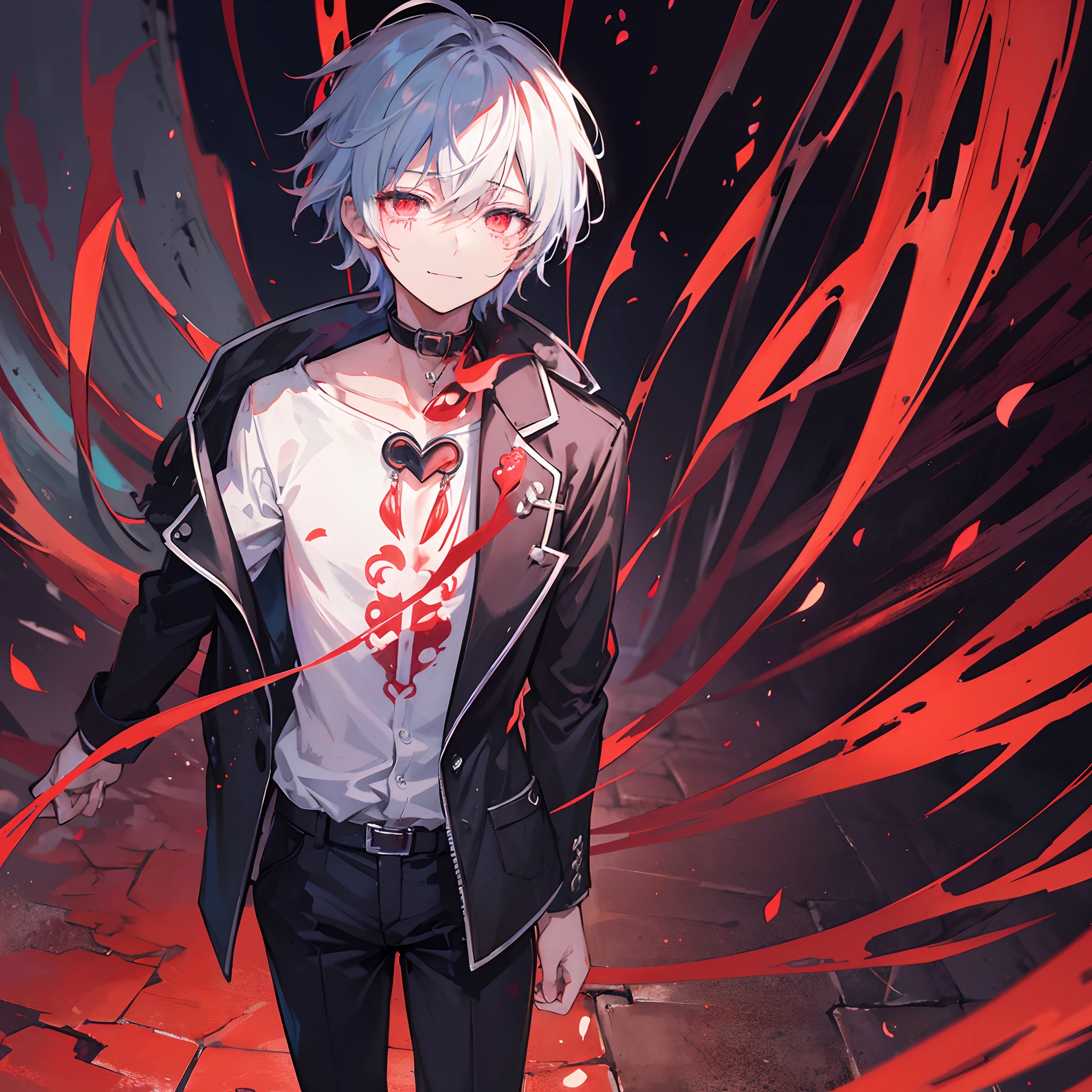 Anime boy, detailed, depressed, his heart ripped from his chest by his own hands, crying blood and smiling maniacally, eyes gloooming in the shadow, background, dark alley street background, detailed background, cyber street, blood moon, moonlight, starry sky,