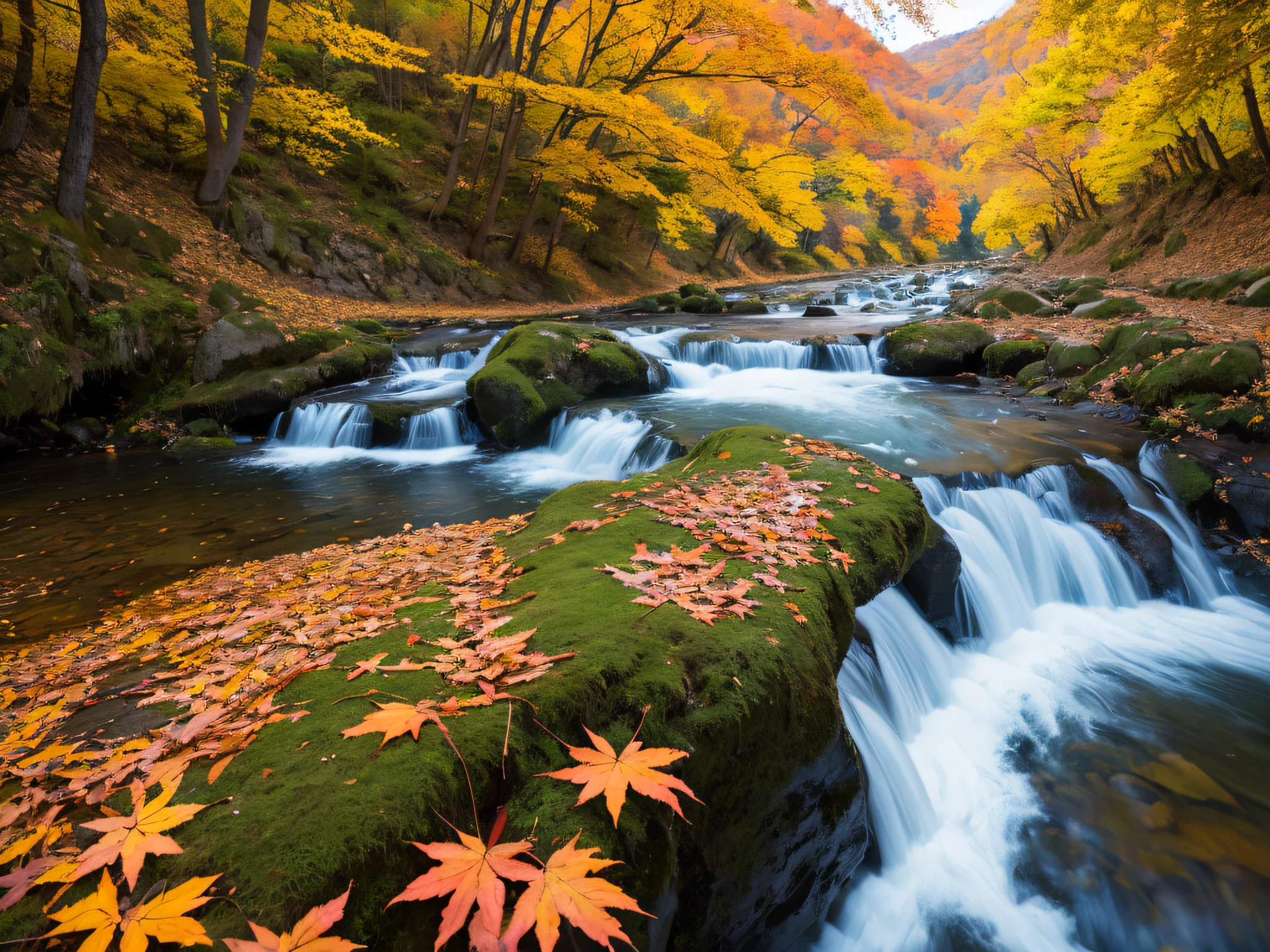 超A high resolution、An ultra-high picture quality、8K、Detailed details、marvelous expression、Late autumn valley、Beautiful autumn leaves、Violently flowing mountain stream、tiny waterfall、Girl looking backwards standing