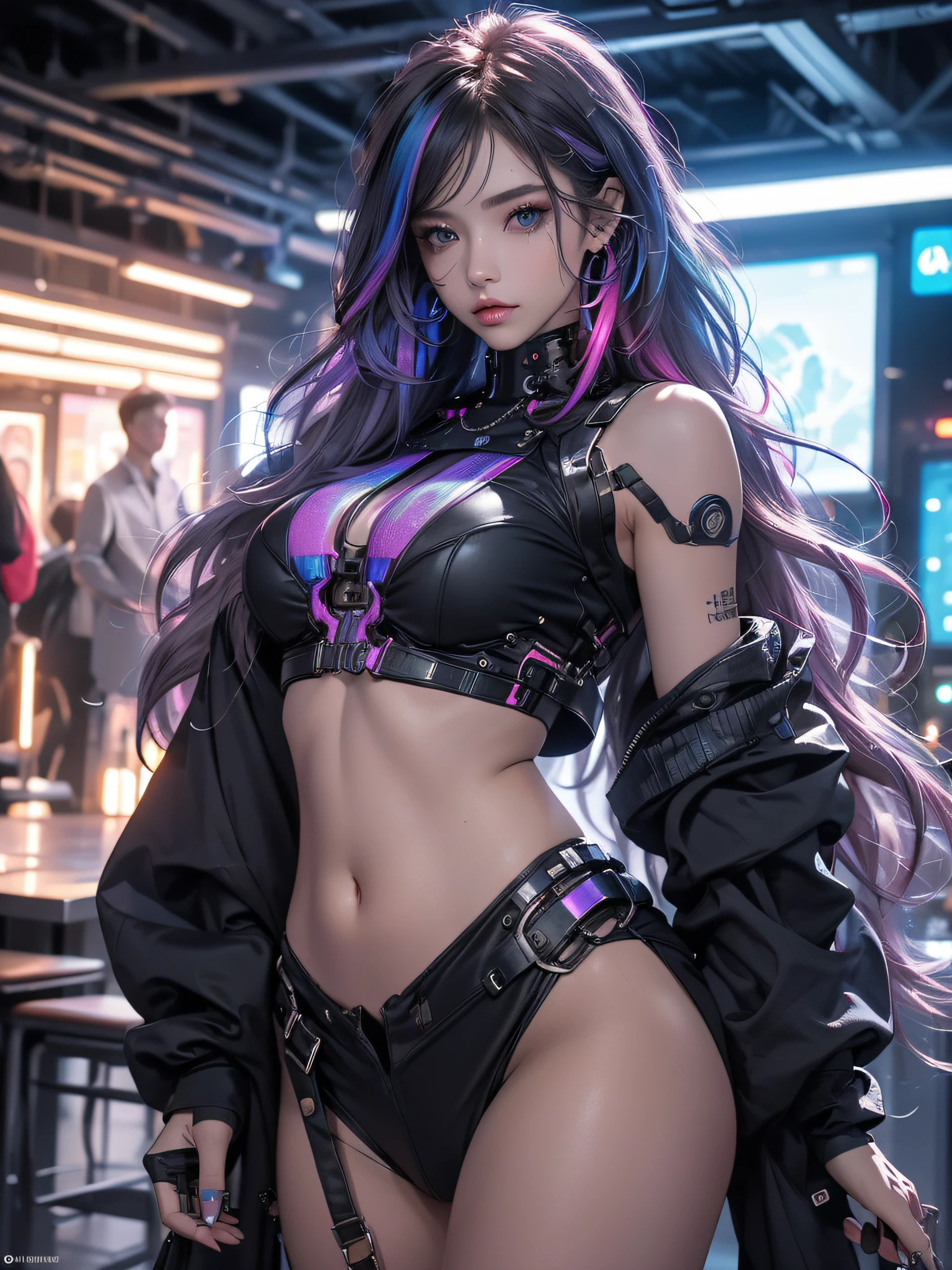 A Cyberpunk girl, long hair with colorful highlights, piercings on her face, part of her body is robotic, one of her eyes is bright neon blue, full body, big ass, thick thighs, {extremely detailed 16k CG unit wallpaper }, expansive landscape photography, (a top view with focus on the character and setting), (wide open field view), (top angle shot), (high light: 1.5), (low light: 1.4), (warm light source: 1.4), complex details, (iridescent colors: 1.5), (bright lighting), (atmospheric lighting), dreamy, aesthetic