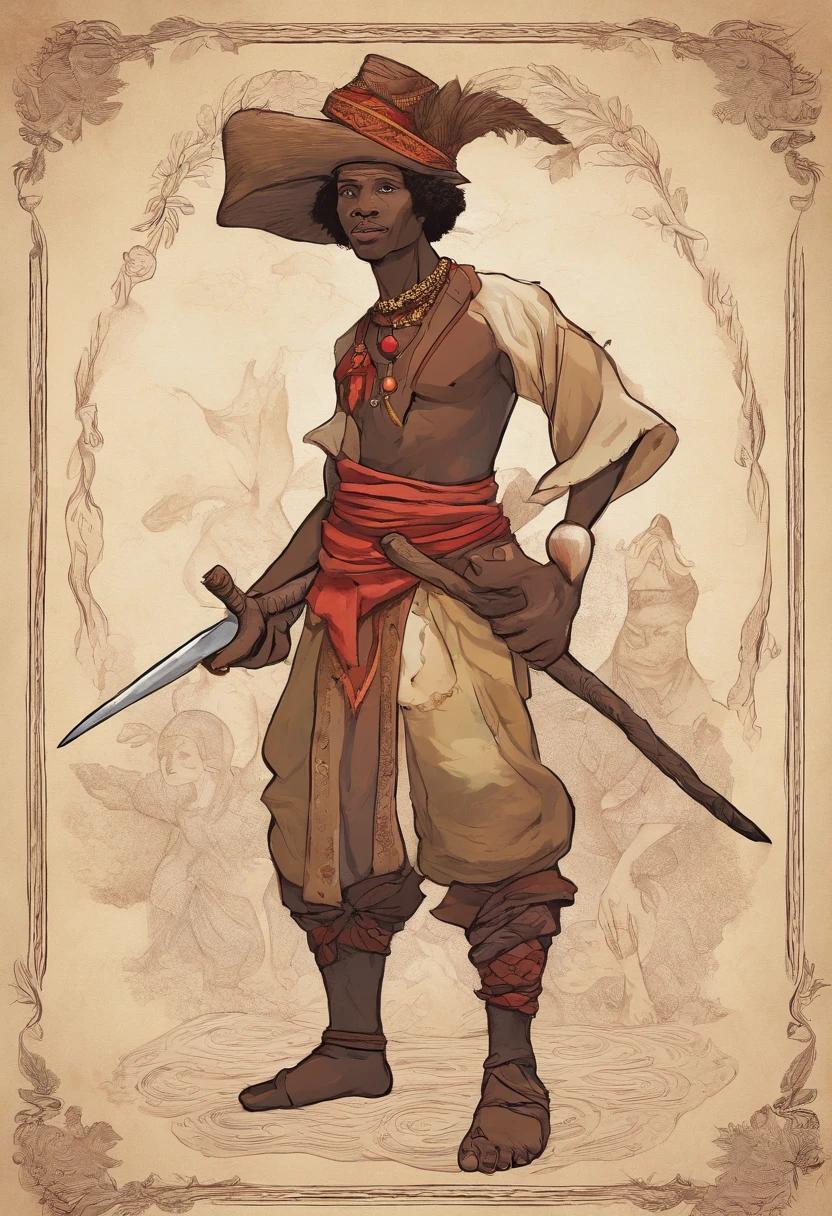 Apresente um duende de pele negra, with indigenous traits, usando um gorro vermelho, On one leg and smoking a pipe.