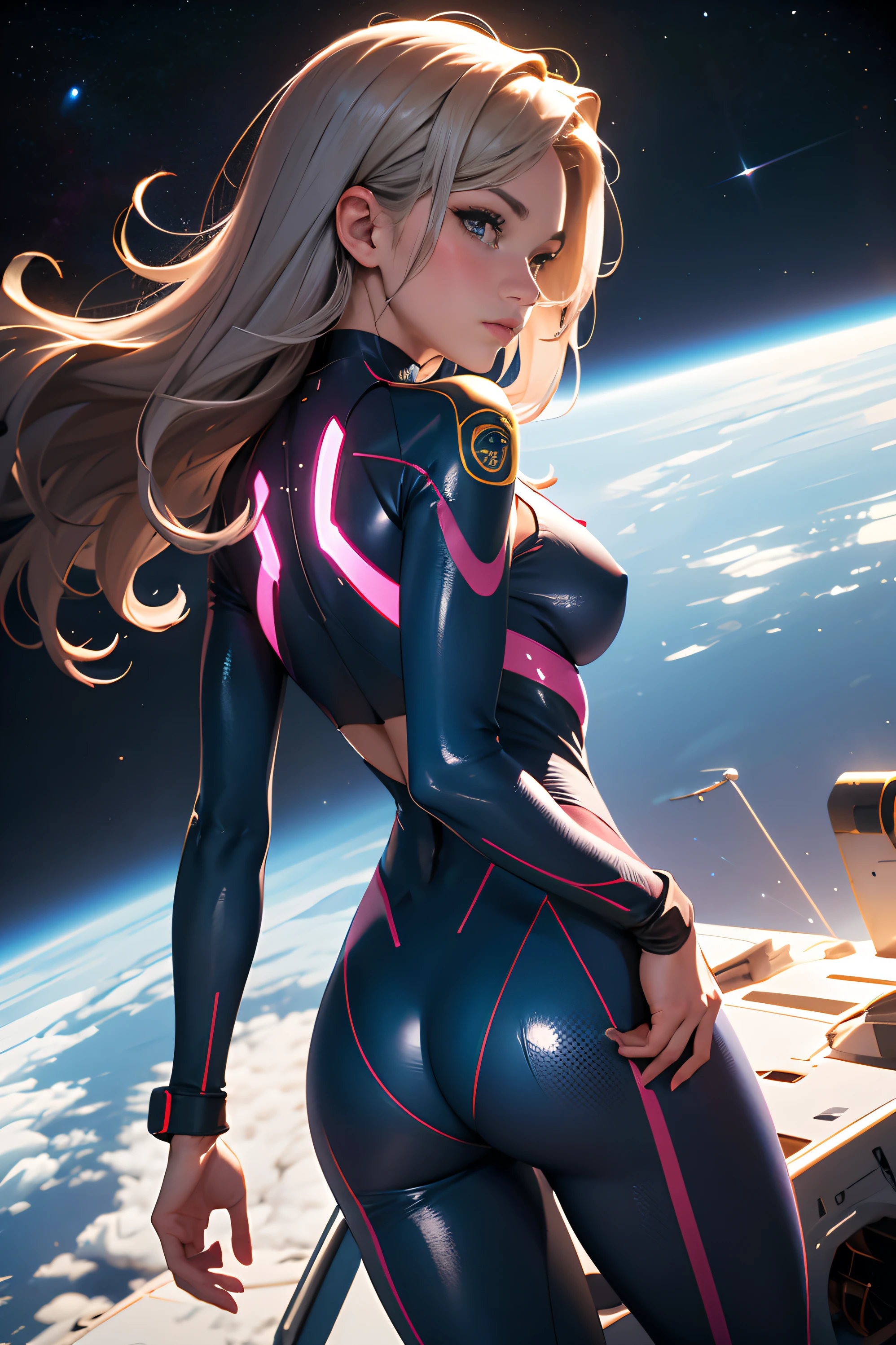 rear view, backside view, turning away, sandy hair, eyes are blue, fit body large breasts slender thighs slender waist pilot suit solo looking away from viewer, in space, long hair, blushing, determination, 8k, extreme detail,