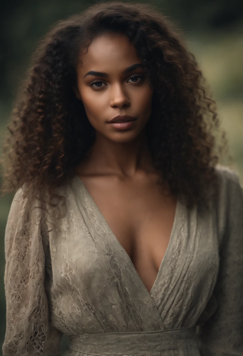 Black girl with olive brown skin, long deep wavy hair, upturned almond shaped blue eyes, long eyelashes, full lips, button nose, supernatural beauty,