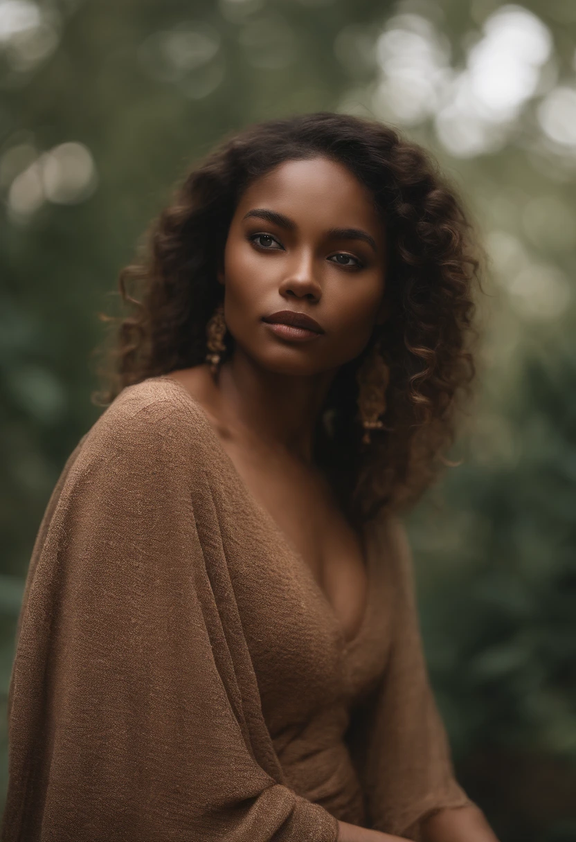 Black girl with olive brown skin, long deep wavy hair, upturned almond shaped blue eyes, long eyelashes, full lips, button nose, supernatural beauty,