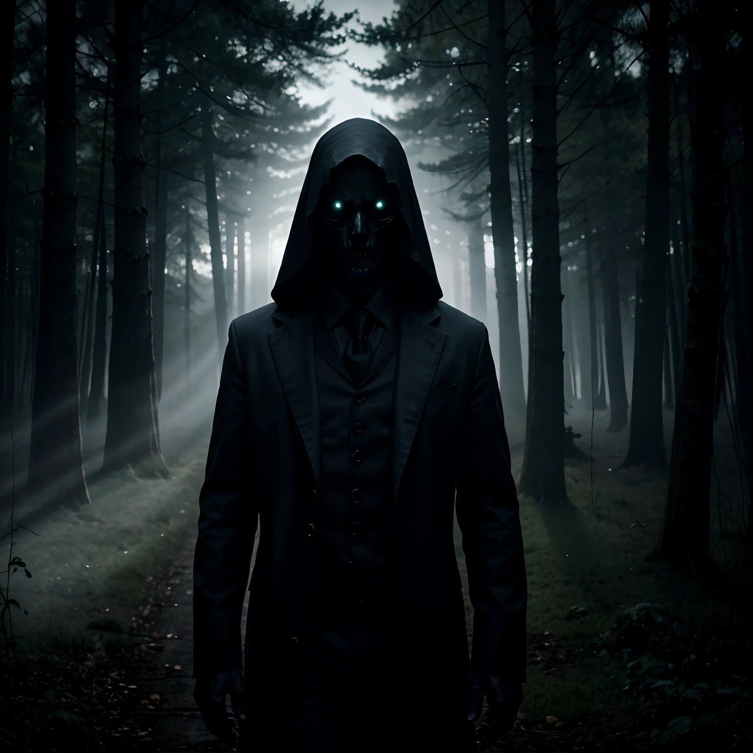 (best quality,4k,8k,highres,masterpiece:1.2),ultra-detailed,realistic,Slender man mixed with jeepers creepers,portrait,dark atmosphere,sinister,menacing gaze,cloaked figure,long, slim limbs,pale skin,black suit and tie,elongated fingers,wispy tendrils,sharp features,intense eyes,ominous background,moonlight casting eerie shadows,horror movie-inspired,nightmarish,fear-inducing,haunting presence,unsettling ambiance,demonic entity,cryptid-like appearance,creepy smile,unnaturally tall silhouette,silent stalking,horror villain vibes,Darkest corner of a forest,shrouded in mist,horrifying entity emerging from the shadows,spooky aura,mind-bending surrealism,otherworldly entity,paranormal horror,scary supernatural being