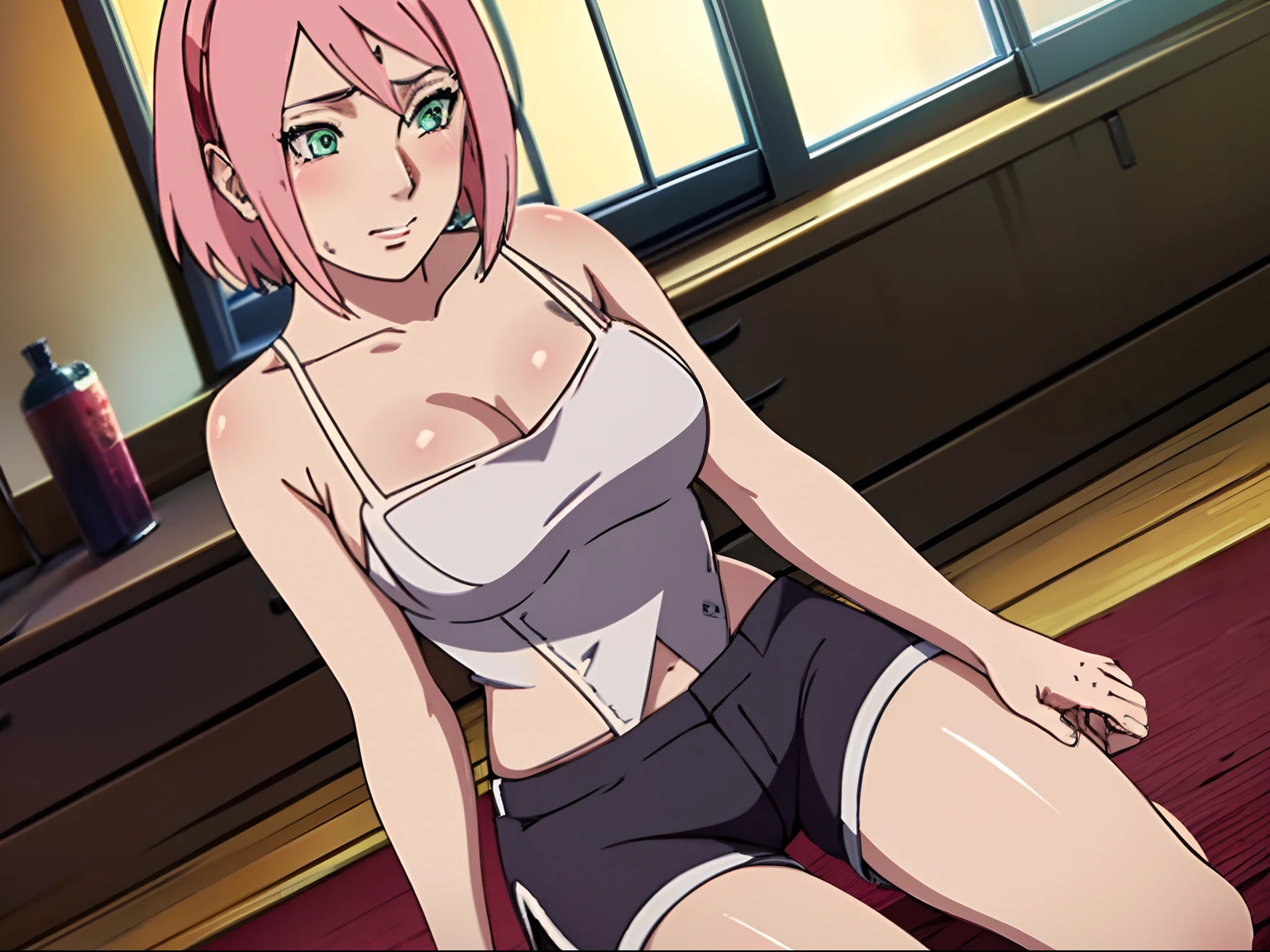 (Best quality:1.3), ,,Medium breasts, White top, cleavage, Shorts, angle of view, Be red in the face,Blush 1.5,inside in room,liveroom,Sitting,Show off your thighs,Particularly heavy blush,kneels on the ground,pink short hair,((Hold your legs with both hands))