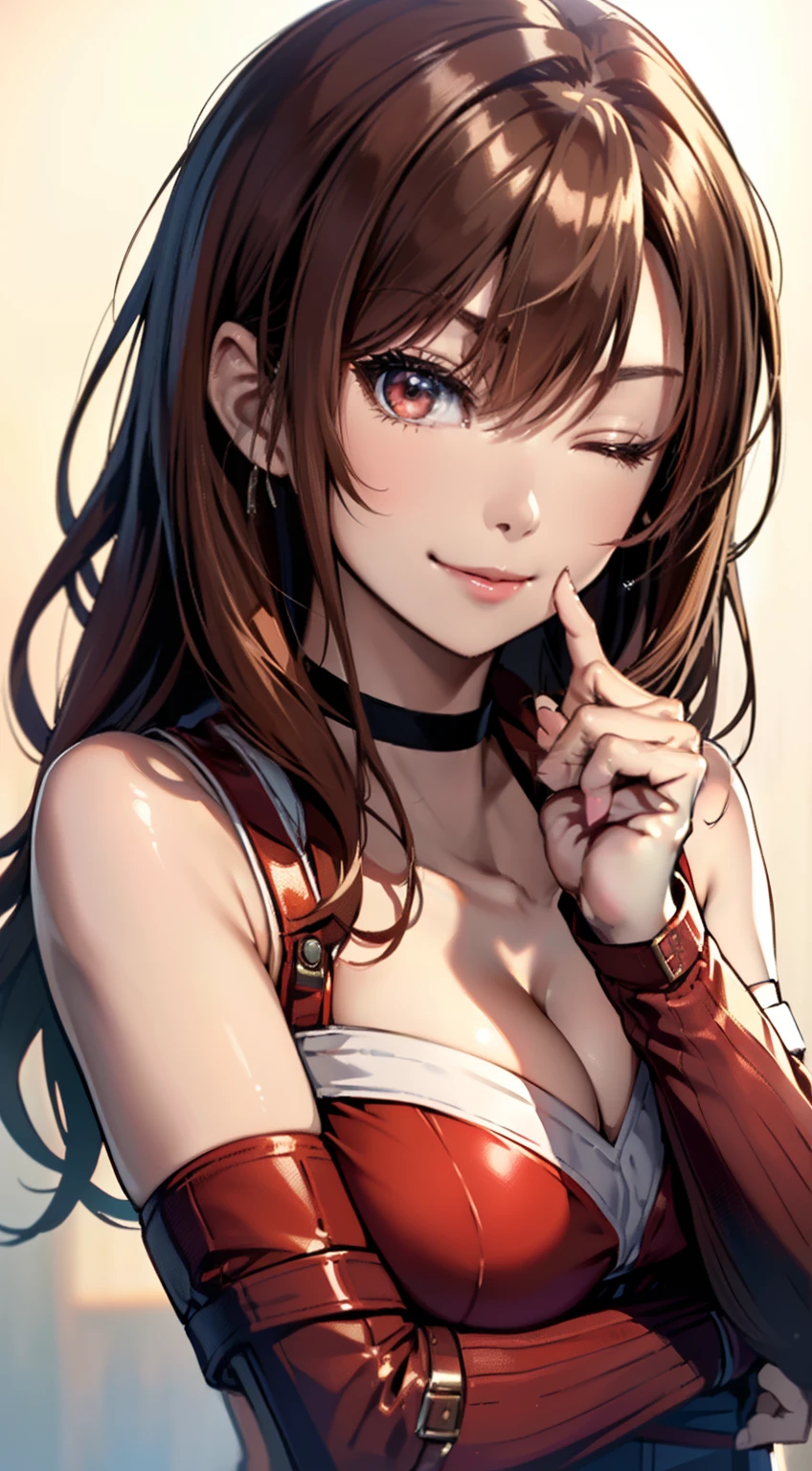 (a closeup、top-quality、high detailing、rich skin detail、nffsw)、(Best Quality, 8K, Oil Painting, masutepiece:1.2), Ultra-detailed, (Realistic, Photorealistic:1.37), (((FULL BODYSHOT)))、Vibrant colors, (((I have one eye closed)))、(((Red Bondage)))、(((I wear a choker around my neck)))、(((Sexy atmosphere)))、(((Twenty-year-old woman)))、(((breasts are small)))、((red-lips))、(((Red clothes)))、((Bust isDcups))、(((Light brown hair)))、(((Long)))、((( Background white wall))), (((Enchanted smile)))、(((cleavage of the breast)))、(((Girly Hairstyles)))、(((long hair)))、(((In front of a white wall)))、(((Light brown hair)))、(((Arms crossed in front of the chest)))、(((winking)))、(((It is a sleeveless outfit)))、(((I wear bright red bondage)))、(((Chest circumference is 85 cm)))、(((Tempting Gaze)))、(((Place your index finger on your mouth)))