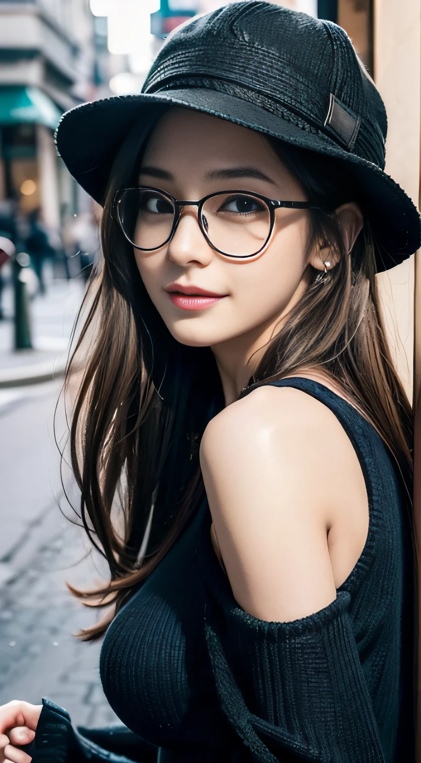 (32K,high-detail,high detal,hight resolution,highdensity,独奏,Lori:1.3),(Realistic people,Live action,A detailed eye,High resolution eyes,Fine eyes,Eyes that look like they are alive,beautiful dark blue eyes,Fishing eyes,Detailed lips,Crystal clear white skin,detailed realistic faces:1.3),(Japanese ido,Korean Idols,model in Japan,Korean models,Korean K-Pop Female Idol:1.2),(with a flushed face,natural make up,a necklace,piercings:1.4)(Skirt with cut,Colorful tops with oversized silhouettes,Large Leather Coat,Leather boots,Hats,Mode-based beautiful eye casual:1.6),(well-shaped breasts:1.5),(Young but very beautiful and sexy Korean16 years old little girl,Cool eyes,little smiling,facing back,turned around,Looking at the camera,Fashion Leader,fashion modell,Soft skin,Unforgettable eyes,Her eyes are too beautiful,I want to go to Paris Collection..........,Cutting-edge fashion:1.6),(showing your whole body,Show full-body fashion,Stylish blue glasses,Exposed breasts showing thighs,,Lace red panties and red bra:1.7)