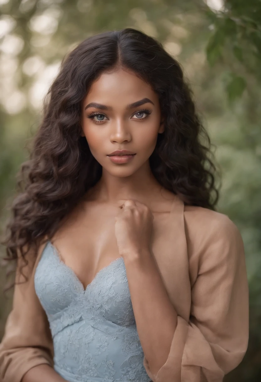 Black girl with light caramel skin, long deep wavy hair, upturned almond shaped eyes, blue eyes, long eyelashes, full lips, button nose, supernatural beauty, lidded eyes, seductive.