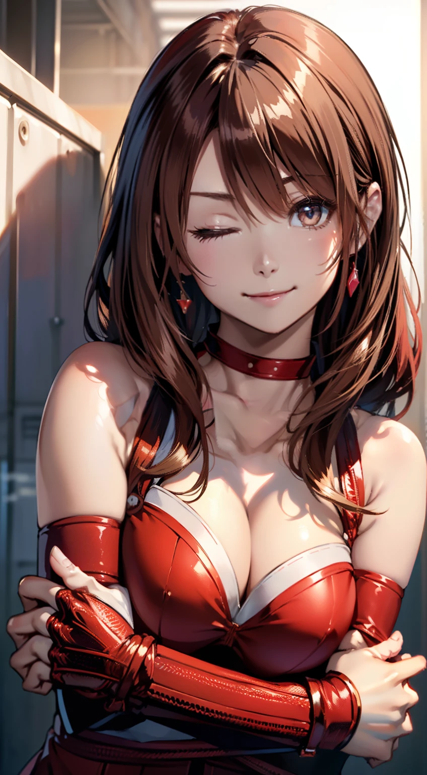 (a closeup、top-quality、high detailing、rich skin detail、nffsw)、(Best Quality, 8K, Oil Painting, masutepiece:1.2), Ultra-detailed, (Realistic, Photorealistic:1.37), (((FULL BODYSHOT)))、Vibrant colors, (((I have one eye closed)))、(((Red Bondage)))、(((I wear a choker around my neck)))、(((Sexy atmosphere)))、(((Twenty-year-old woman)))、(((breasts are small)))、((red-lips))、(((Red clothes)))、((Bust isＤcups))、(((Light brown hair)))、(((Long)))、((( Background white wall))), (((Enchanted smile)))、(((cleavage of the breast)))、(((Girly Hairstyles)))、(((long hair)))、(((In front of a white wall)))、(((Light brown hair)))、(((Arms crossed in front of the chest)))、(((winking)))、(((It is a sleeveless outfit)))、(((I wear bright red bondage)))、(((Chest circumference is 85 cm)))、(((Tempting Gaze)))､(((Place your index finger on your mouth)))