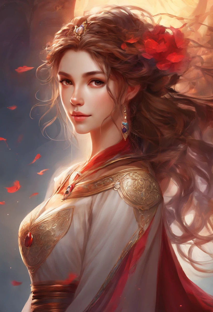 girl,19years old,Brown hair long,Side twists,Hair is slightly curled,red headgear,Black gemstone decoration on the hair,red long skirt,It looks free and loose,Full body like,ancient wind,background starry sky。