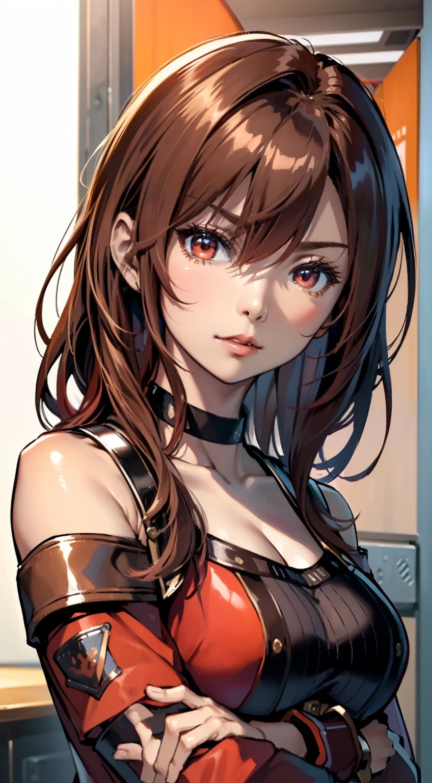 (a closeup、top-quality、high detailing、rich skin detail、nffsw)、(Best Quality, 8K, Oil Painting, masutepiece:1.2), Ultra-detailed, (Realistic, Photorealistic:1.37), (((FULL BODYSHOT)))、Vibrant colors, (((Arms crossed)))、(((Red Bondage)))、(((I wear a choker around my neck)))、(((Sexy atmosphere)))、(((a 20 yo woman)))、((red-lips))、(((Red clothes)))、((Bust isＤcups))、(((light brown hair)))、(((I'm scared)))、((( White background)))、(((cleavage of the breast)))、(((Girly Hairstyles)))、(((Long hair)))、(((In front of a white wall)))、(((light brown hair)))、(((sad Facial expression)))、(((It is a sleeveless outfit)))、(((I'm wearing bright red bondage)))、(((The girth of the chest is 85 cm)))、(((Small breasts)))、(((Frightened look)))、(((I'm shrugging my shoulders)))