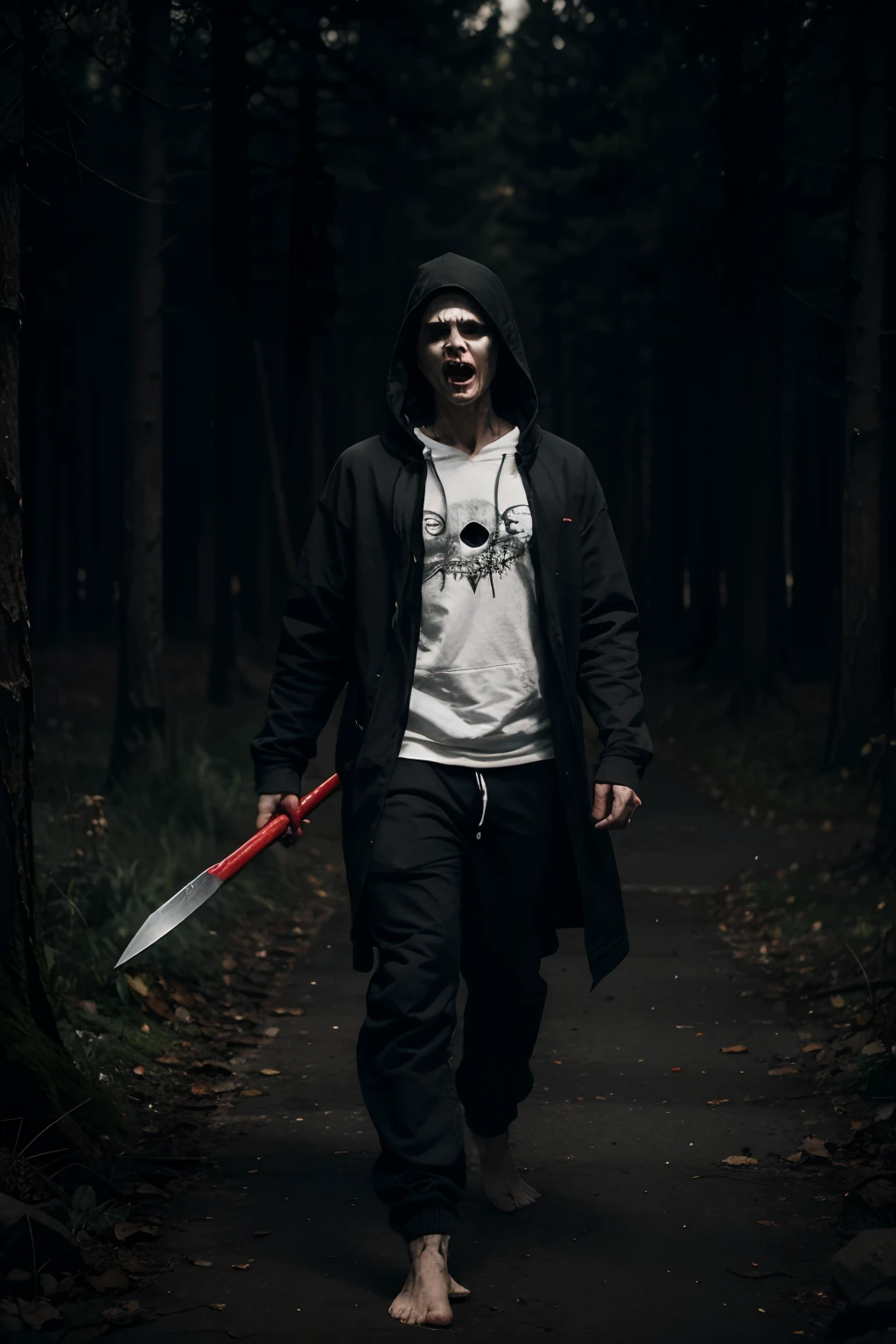 Character design, Momo creepypasta face, full body view, black, a man, long arm, long leg, humpback, wearing white hoodie, white pants, white body, white face, no eyes on his face, his face has many veins, very angry,there are many bones coming out of his back, horror film model,  his hand holding a knife, holding a death sickle, holding the brain, wearing the hood, barefoot, running pose, injured, very madness, chaos, grinning,stick out tongue, long red tongue, red lips, creepy feeling, horror feeling, crazy, haunting, hunting prey, mysterious, ominous, dark aura ,dark background, and an unreal atmosphere in the background, 8k, 32k, 3d horror model, HD,