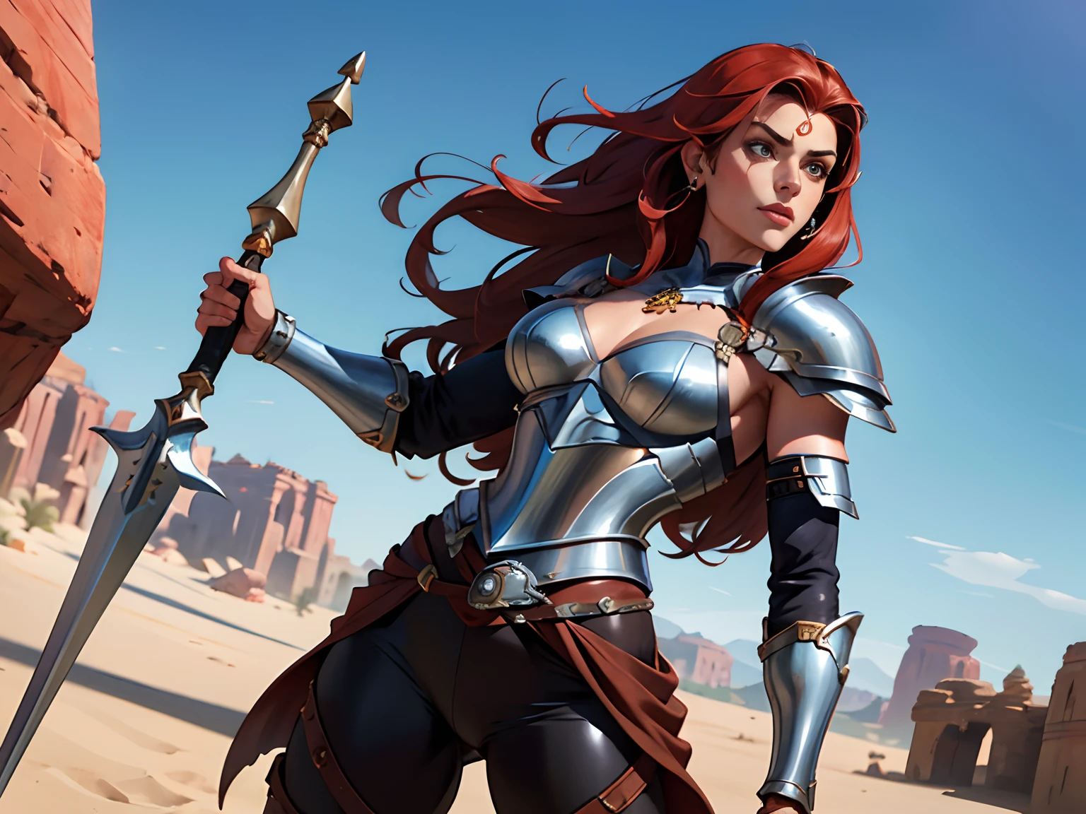 Arte no melhor estilo John Buscema, uma linda guerreira ruiva de longos cabelos ondulados, middlebreasts, cintura fina, usando uma vestimenta de cota de malha cobrindo seu dorso superior, Below wearing a pair of pants made of coated leather, botas de metal detalhado(Armor Piece), Holding a large metal spear, Standing in the Great Arid Desert: linda e sensual guerreia