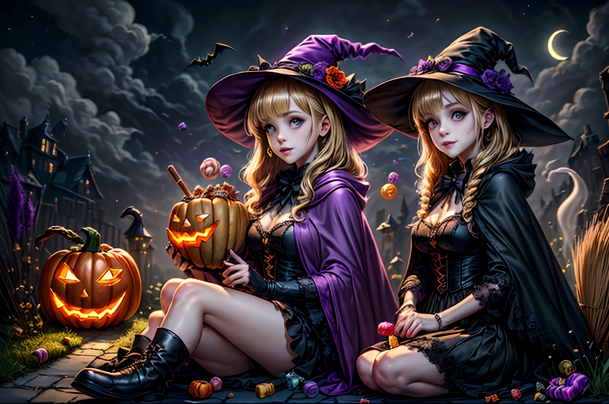 (((Masterpiece))),((Best quality))),A high resolution,absurderes,((view the viewer:1.4)),1gril,full bodyesbian,(Halloween:1.3),Happy Halloween,Kasbah jack-o'-Lantern（Castle Jack Lantern Hotel）（Jack Lantern Hotel（Jack's Castle Lantern Hotel））,pumpkins,(Pumpkin hood:1.2),(Barbecue trolley jumper:1.2),((Confectionery,A bunch of candy:1.6)),Bags full of sweets,(Ghosts:1.2),Ghosts fly,bat (Animal),Bats fly,(flower,Grass,A plant:1.4),Sitting,(broom:1.4),(Sit on a broomstick, Witches fly in the air:1.2),(Take the broom in your hand:1.1),Medium hair,Blonde hair,Wavy hair,Straight hair,diagonal bangs,Blush,Fake smile,Black eyes,Small breasts,Cape,Black cape,Hat,broom,Witch hat,Martin boots,Night,Outdoors,sky,Moon,full moon,(Cloud,Road:1.3),(Castle:1.2),Bare tree,tree,(purple color-theme:1.4),(Rich colors,expressive technique:1.4), Blackmagic（Black magic）（Black magic）, diffe