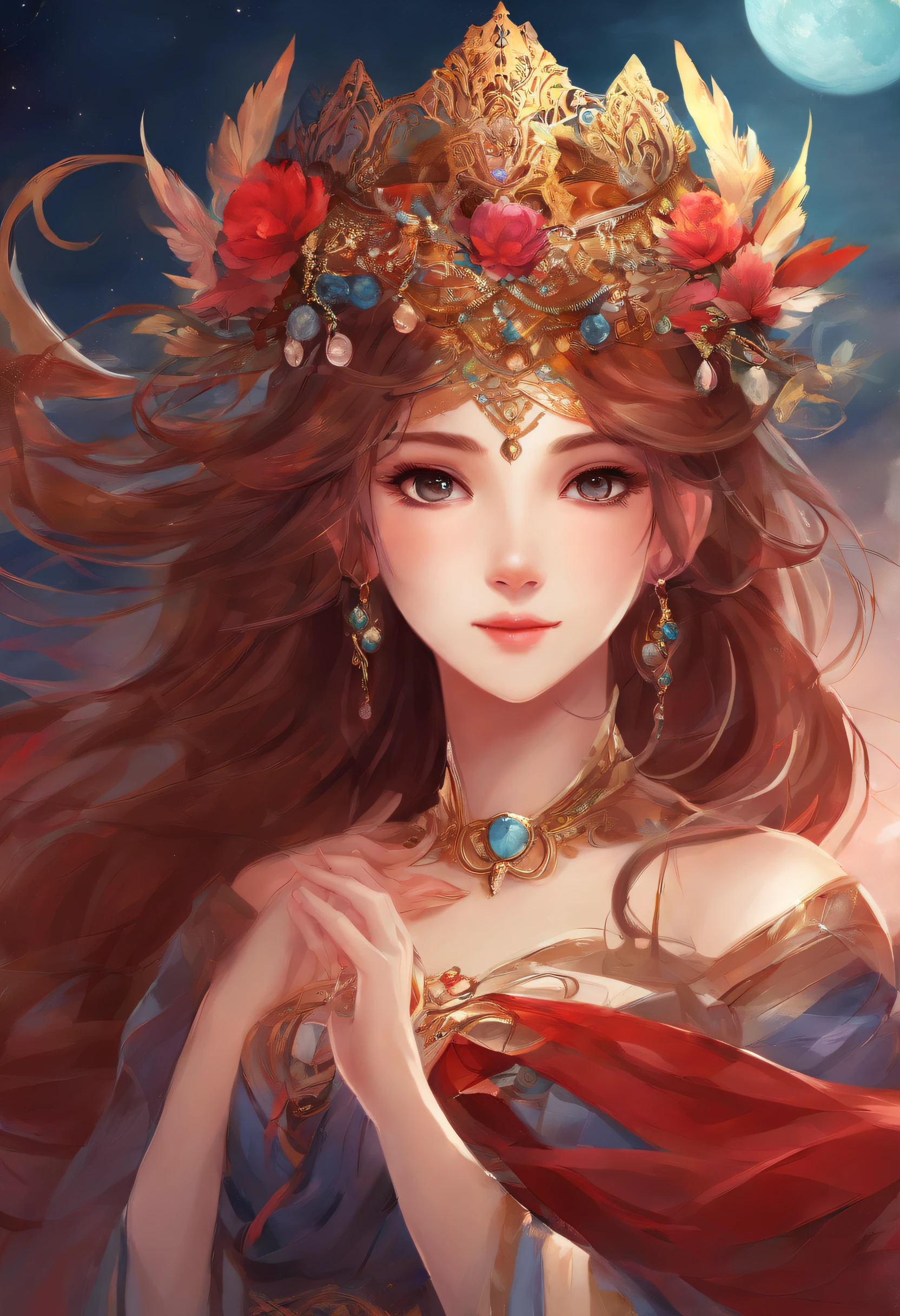 girl,19years old,Brown hair long,Side twists,Hair is slightly curled,red headgear,Black gemstone decoration on the hair,red long skirt,It looks free and loose,Full body like,ancient wind,background starry sky。
