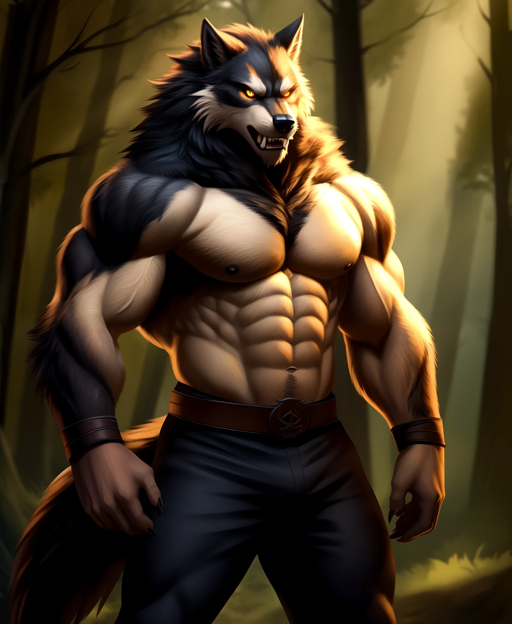 Furry muscular werewolf male wearing only pants, furry art, muscle werewolf, high resolution committee, full body committee, delicate eyes, pupil color is orange-gold, furry color black, furry anime, fluffy art council, furry fleurna, gorgeous werewolf flsona, furry, one-handed waist, furry art, expression fierce, tsundere, 1boy, a long furry wolf tail with fangs in the mouth, staring at the screen, sharp claws, two legs, standing on both feet, the human wolf, as a character in Iron Fist, Flsona art, background, forest path