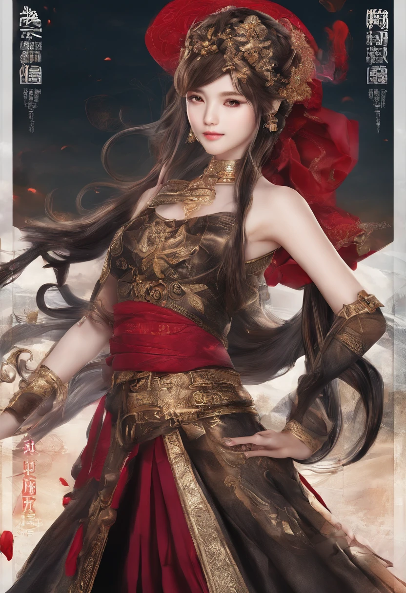 girl,19years old,Brown hair long,Side twists,Hair is slightly curled,red headgear,Black gemstone decoration on the hair,red long skirt,It looks free and loose,Full body like,ancient wind,background starry sky。