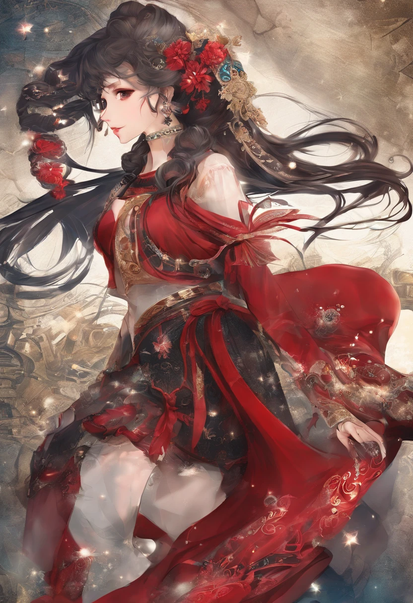 girl,19years old,Brown hair long,Side twists,Hair is slightly curled,red headgear,Black gemstone decoration on the hair,red long skirt,It looks free and loose,Full body like,ancient wind,background starry sky。