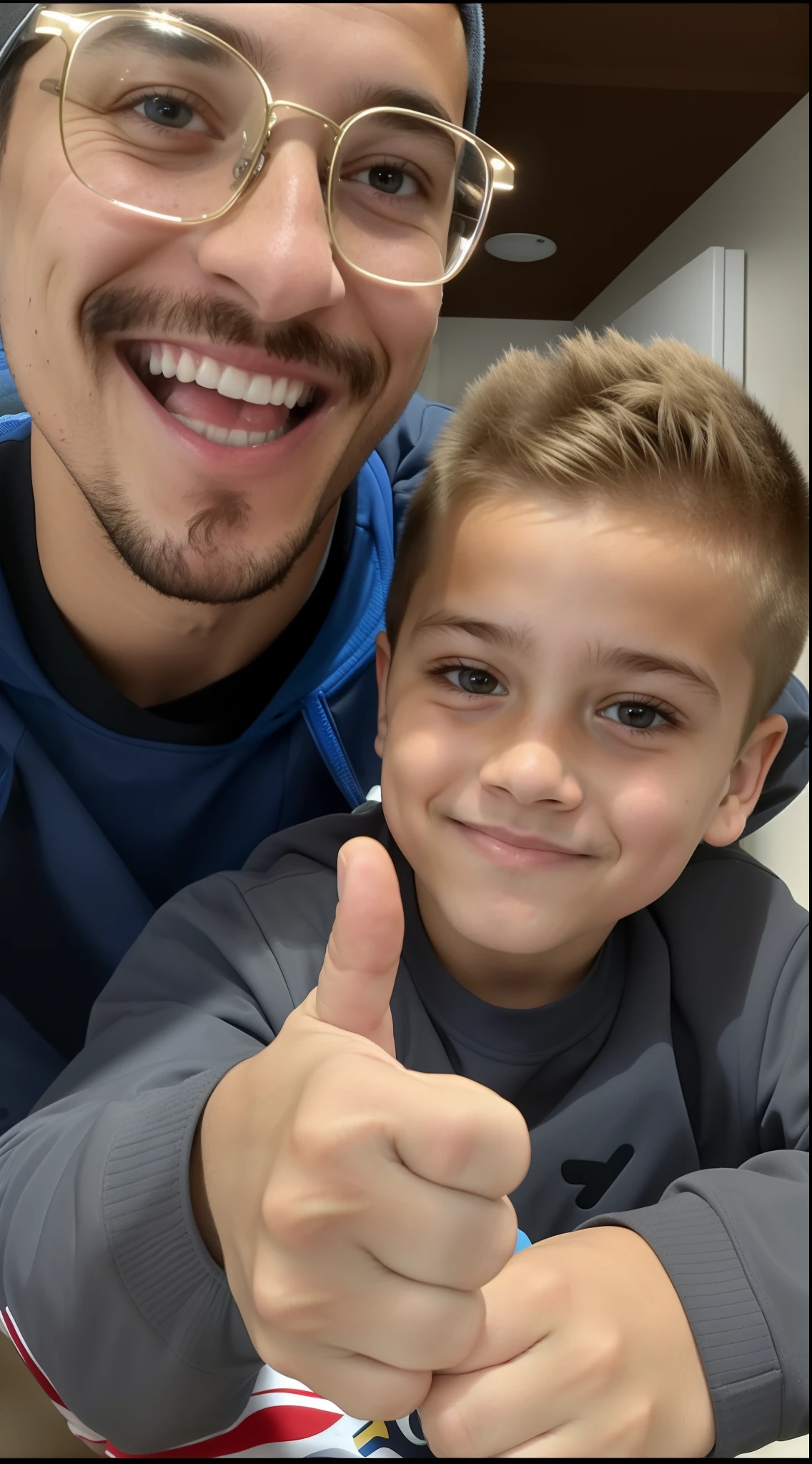 there is a man and a boy that are giving the thumbs up, with a , giving a thumbs up to the camera, giving a thumbs up, profile pic, giving the thumbs up, profile picture, enes dirig, thumbs up, 4 k post, 4k post, profile image, very very low quality picture, mateus 9 5, waving at the camera