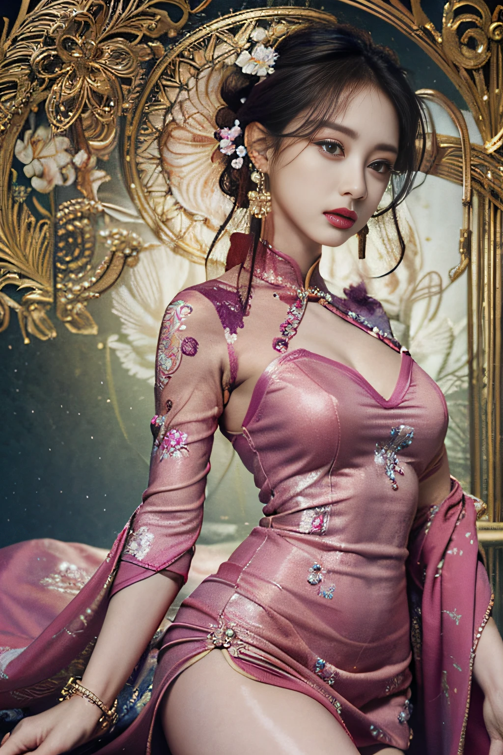 (masterpiece, top quality, best quality, official art, beautiful and aesthetic:1.2), (1girl:1.3), extremely detailed,(fractal art:1.1),(colorful:1.1)(flowers:1.3),highest detailed,(zentangle:1.2), (dynamic pose), (abstract background:1.3), (chinese dress:1.2), (shiny skin), (many colors:1.4), ,(earrings:1.4),