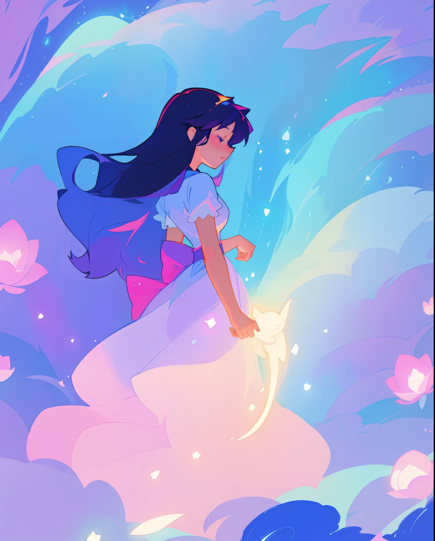 beautiful girl in puffy white ballgown, long dark hair, magical glowing blue lights coming from her hands, magical, whimsical, blue pink and purple colors, watercolor illustration, inspired by Glen Keane, inspired by Lois van Baarle, disney art style, by Lois van Baarle, glowing aura around her, by Glen Keane, jen bartel, glowing lights! digital painting, flowing glowing hair, glowing flowing hair, beautiful digital illustration, fantasia otherworldly landscape plants flowers, beautiful, masterpiece, best quality, anime disney style