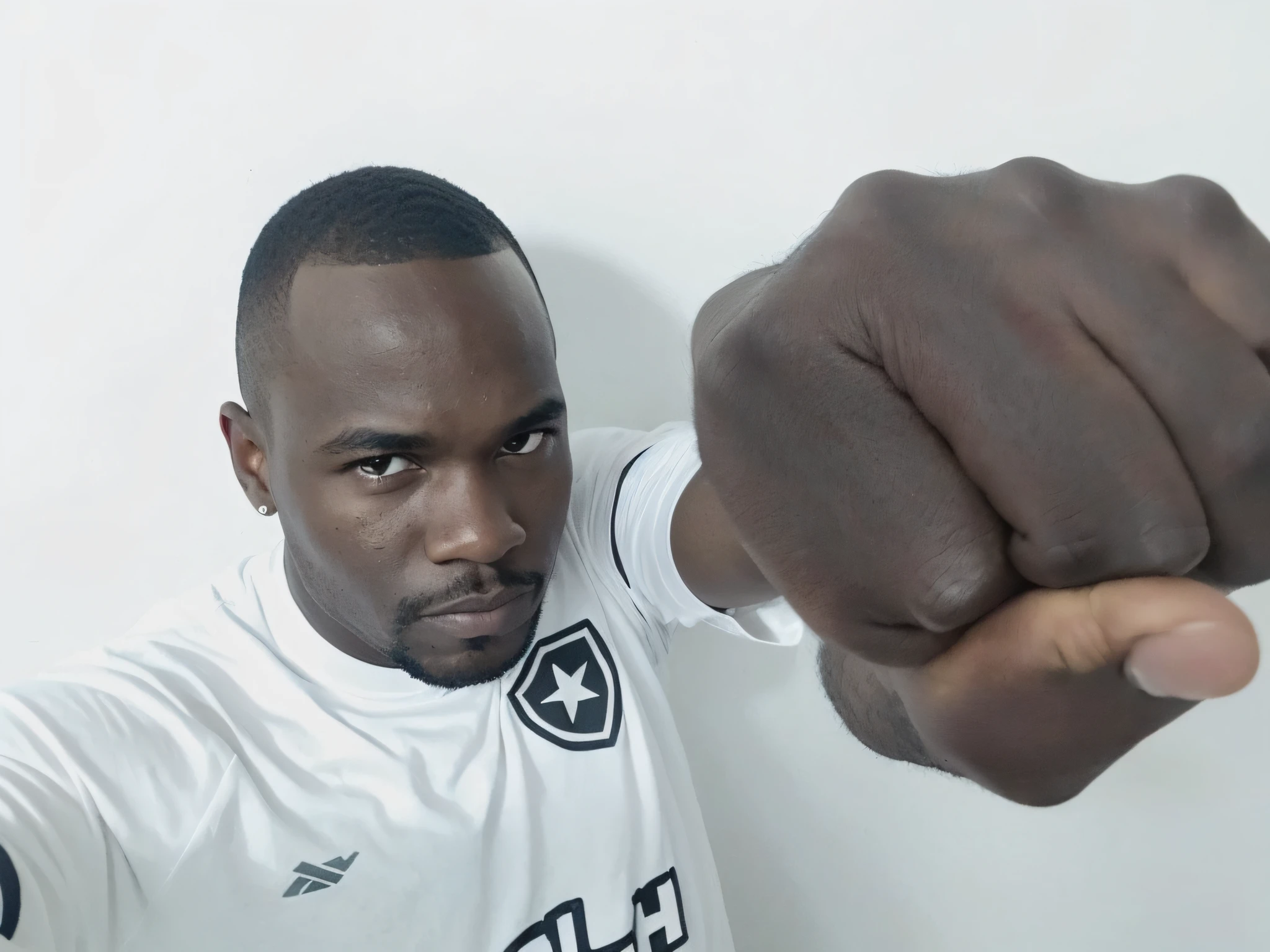There's a black man pointing at the camera with a fist, em pose de luta, in a menacing pose, em uma postura de luta, menacing pose, posando pronto para uma luta, in an action pose, Pose de batalha, Pose de luta, Pose de luta, foto do instagram, pose, Fotografia selfie 8k, com uma pose cool, cara de aposta, battle action pose