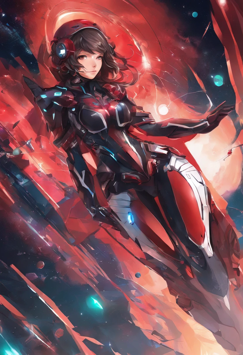 girl，19years old，Brown hair long，Side twists，Hair is slightly curled，red headgear，Black gemstone decoration on the hair，red long skirt，It looks free and loose，Full body like，ancient wind，background starry sky。