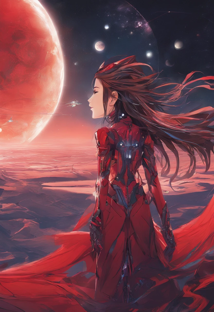 girl,19years old,Brown hair long,Side twists,Hair is slightly curled,red headgear,Black gemstone decoration on the hair,red long skirt,It looks free and loose,Full body like,ancient wind,background starry sky。