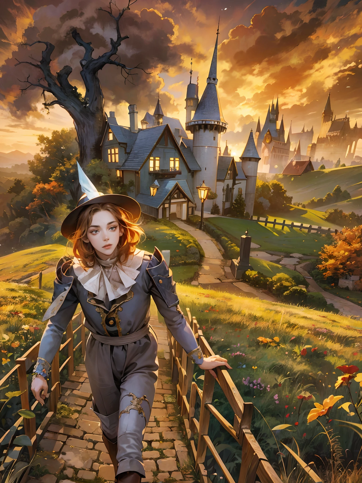 Absurdres masterpiece HDR high quality picture of a random scene from wizard of Oz portrait with a Tim Burton theme style in a beautiful masterpiece background , detailed character, handsome face