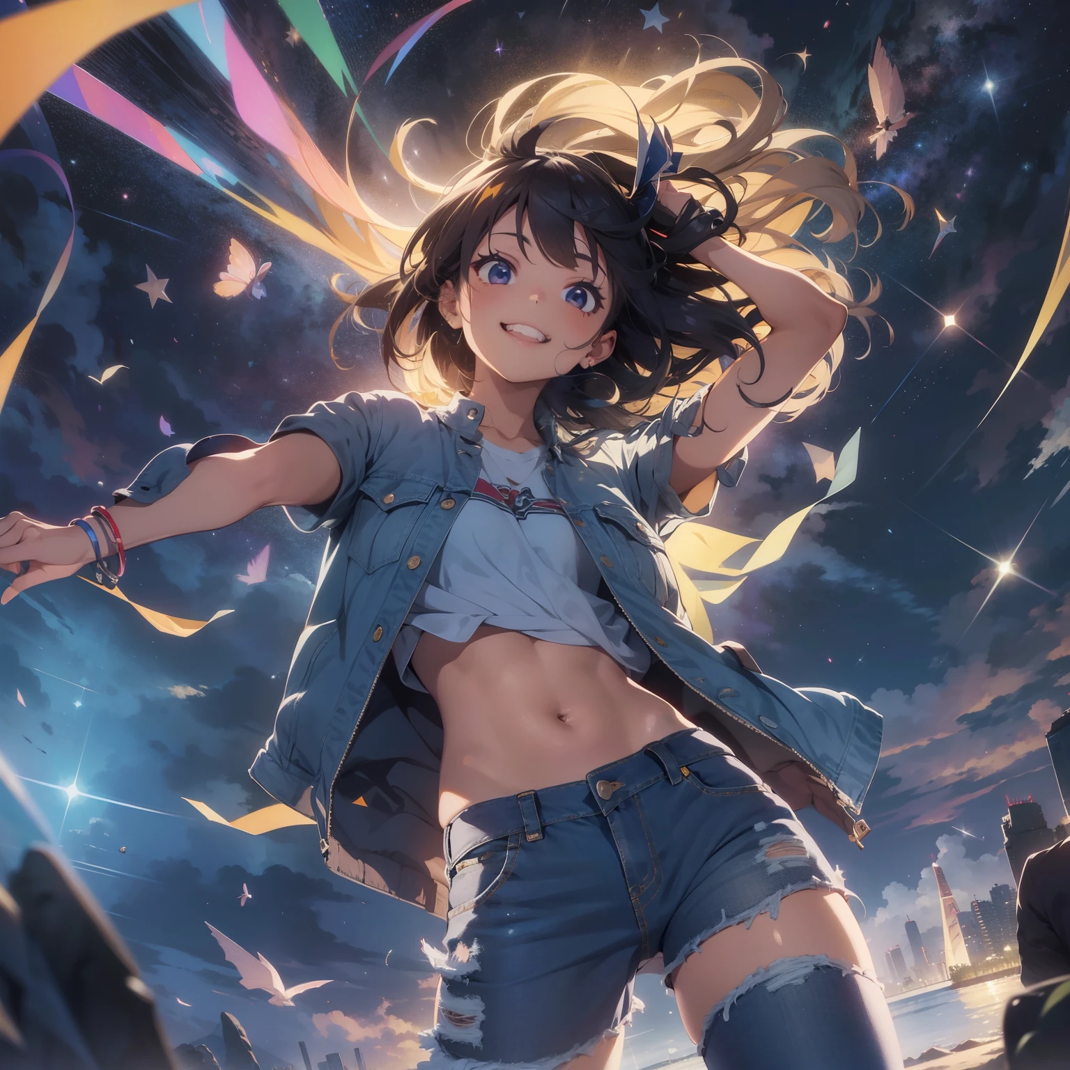 Mulher voando, efeitos brilhosos, sorrindo, alegre, feliz, noite estrelada ao fundo, alto detalhamento, obra prima, estilo anime, 90s, saia, jaqueta jeans, mostrar o corpo todo