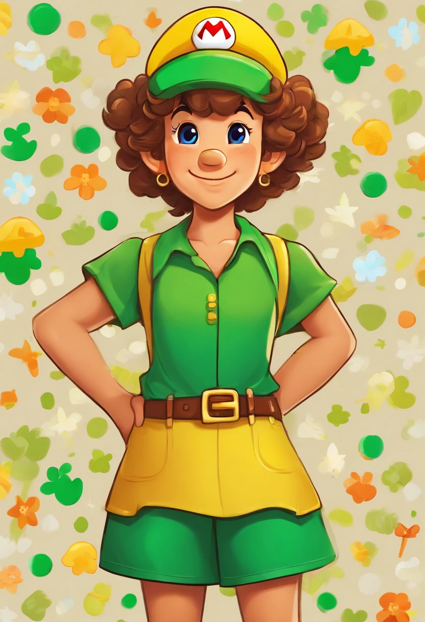 little girl with tan skin, short brown curly hair, a green hat, a green short sleeved shirt, a yellow skirt, and orange boots