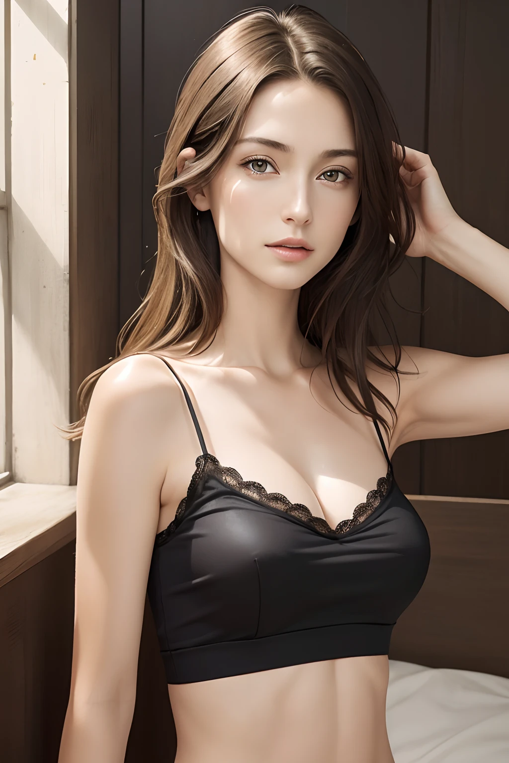 (masutepiece, Best Quality, Photorealistic, hight resolution, Photography, :1.3), Very close-up shot, Sharp Focus, 1 brunette girl, European Girl, hotmodel, Midriff, Highly detailed eyes and pupils, Realistic skin, Slim body shape, cleavage, very detail hair, Delicate sexy face, Organoleptic gas, shiny lips, ((wearing camisole)), ,The background is a town, ((Realistic, Super realistic, Realism, realistic detail)
